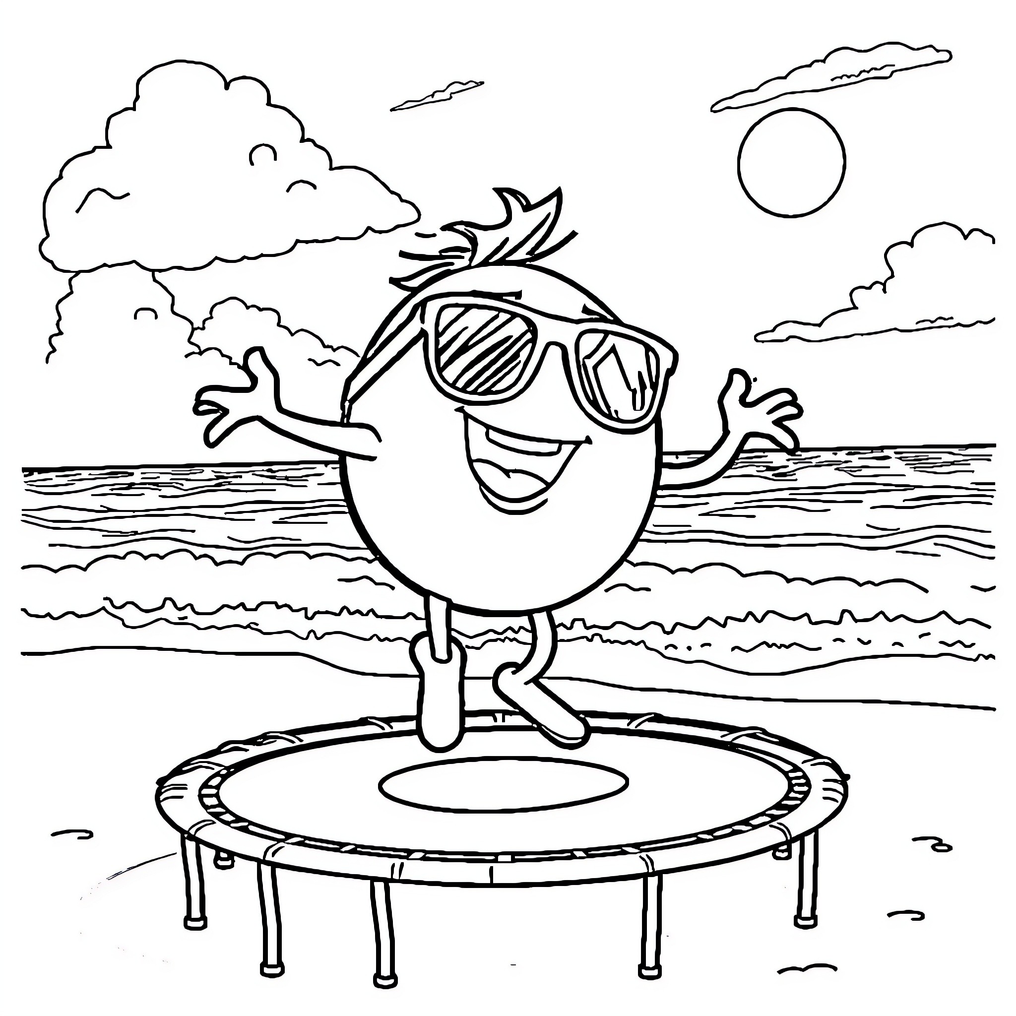Basketball character having fun on the beach Coloring Page (free black-and-white line drawing printable PDF for all, from beginners to advanced learners, including children, teens, adults, and seniors)