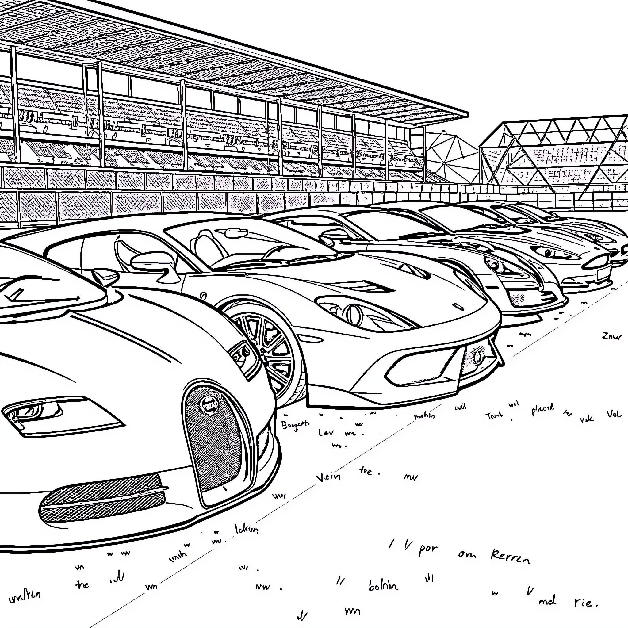 Car racing scene at the stadium Coloring Page (free black-and-white line drawing printable PDF for all, from beginners to advanced learners, including children, teens, adults, and seniors)