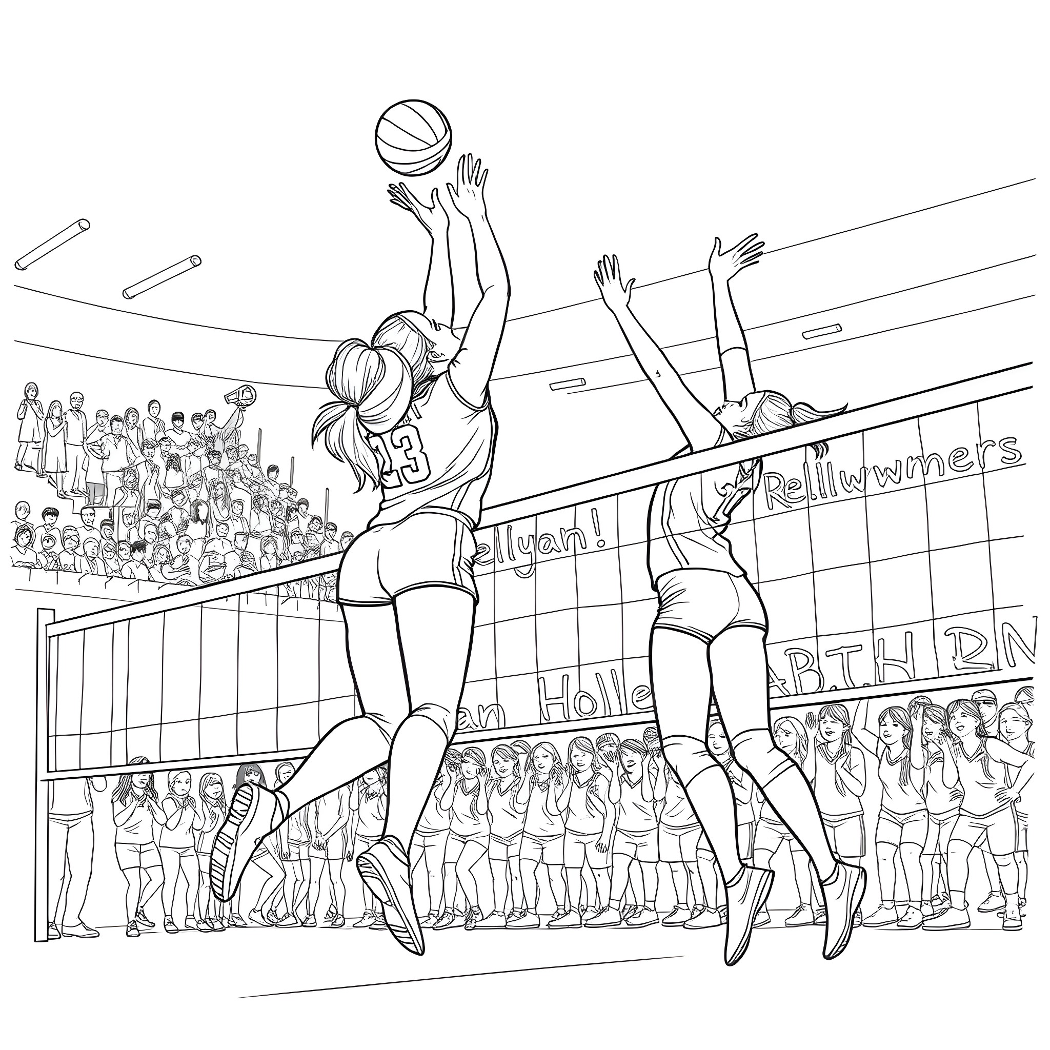 Volleyball game with players in action on the court Coloring Page (free black-and-white line drawing printable PDF for all, from beginners to advanced learners, including children, teens, adults, and seniors)
