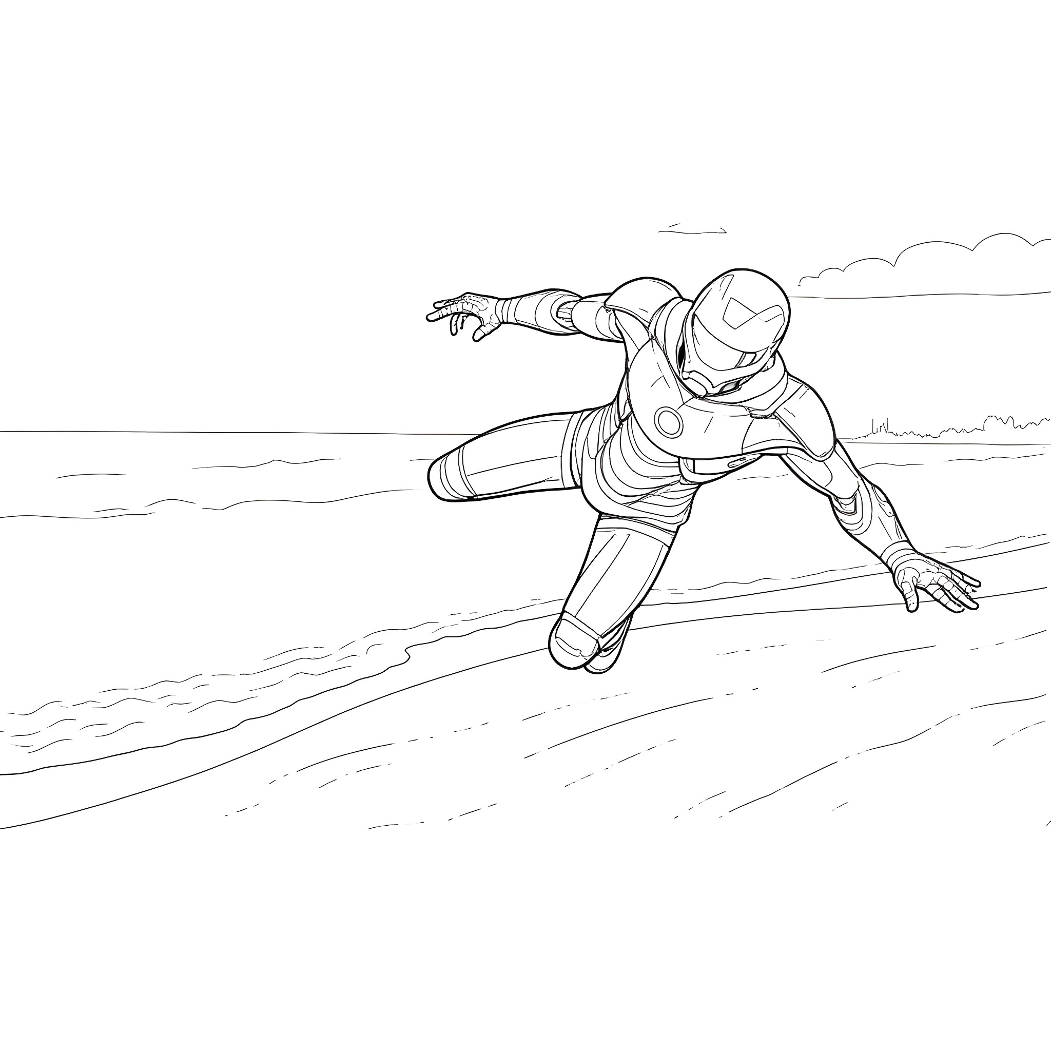 Ironman soaring through the sky Coloring Page (free black-and-white line drawing printable PDF for all, from beginners to advanced learners, including children, teens, adults, and seniors)