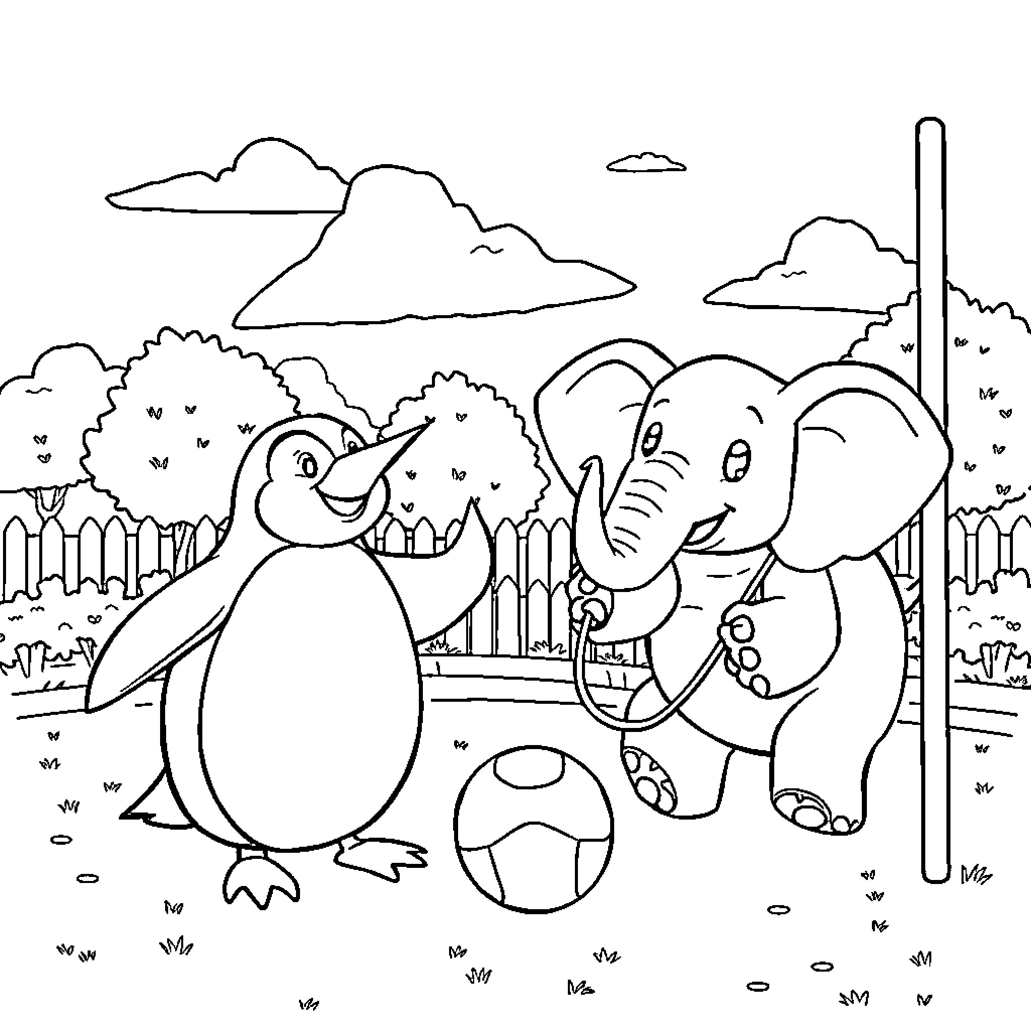 Penguin and Elephant Playing Together in Nature Coloring Page (free black-and-white line drawing printable PDF for all, from beginners to advanced learners, including children, teens, adults, and seniors)