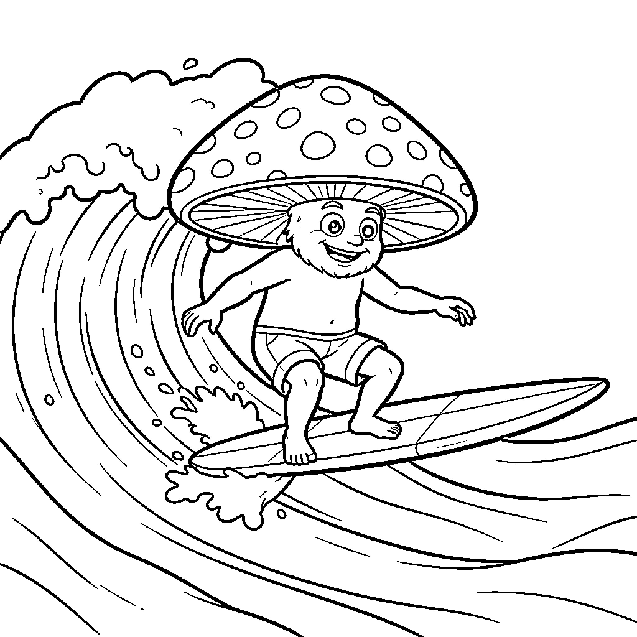 Mushroom character surfing on a large ocean wave Coloring Page (free black-and-white line drawing printable PDF for all, from beginners to advanced learners, including children, teens, adults, and seniors)
