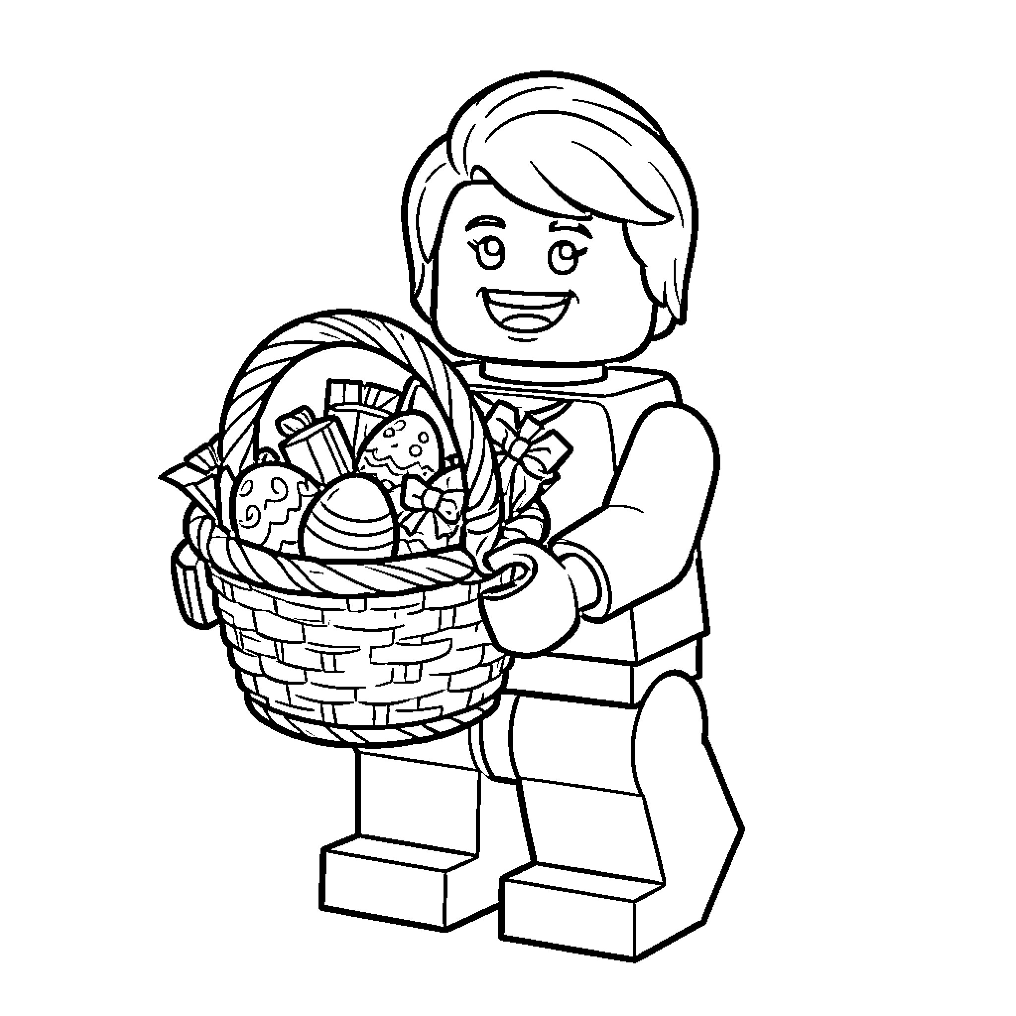 LEGO Character holding a basket of toys Coloring Page (free black-and-white line drawing printable PDF for all, from beginners to advanced learners, including children, teens, adults, and seniors)