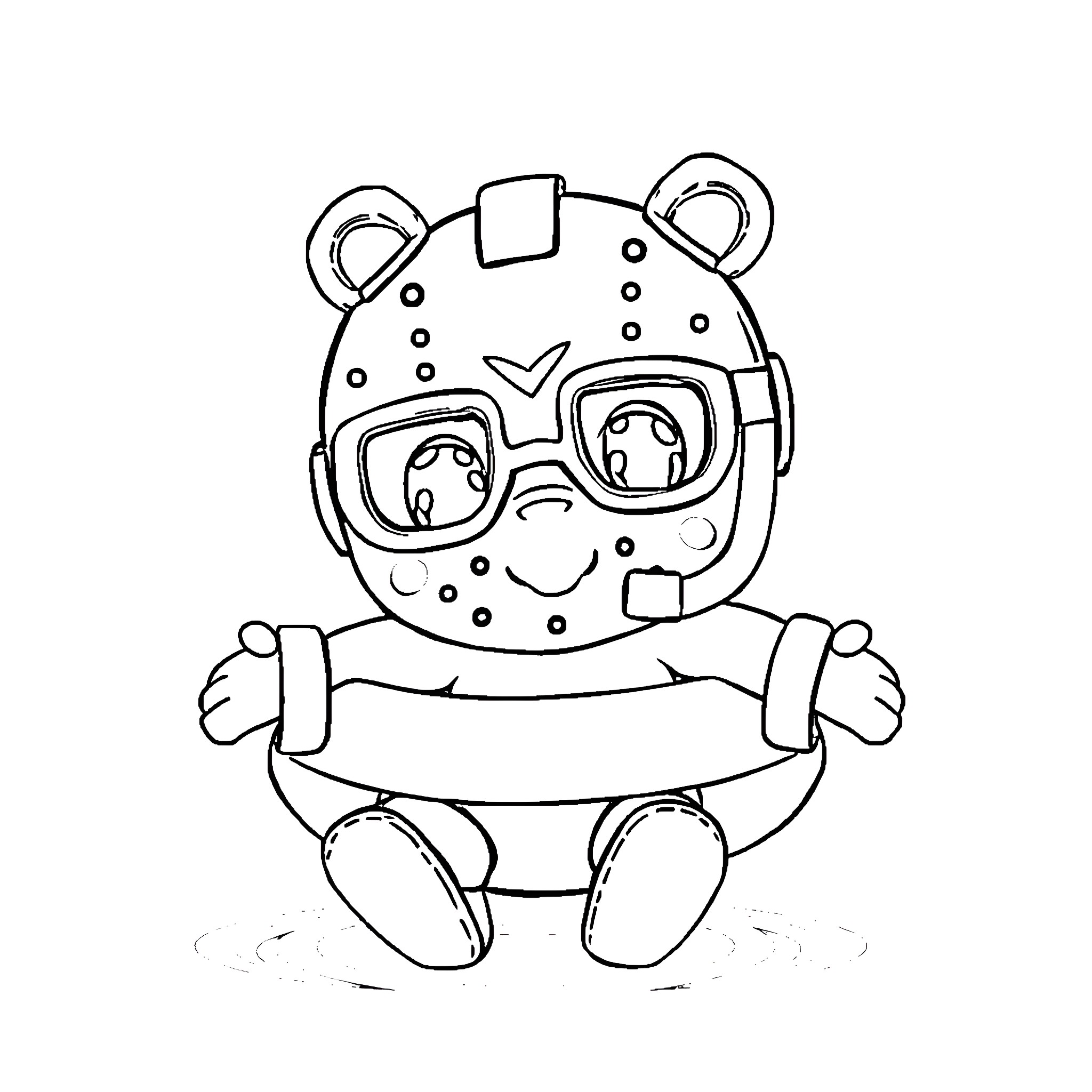 Jason Voorhees in Cartoon Teddy Bear Costume Coloring Page (free black-and-white line drawing printable PDF for all, from beginners to advanced learners, including children, teens, adults, and seniors)