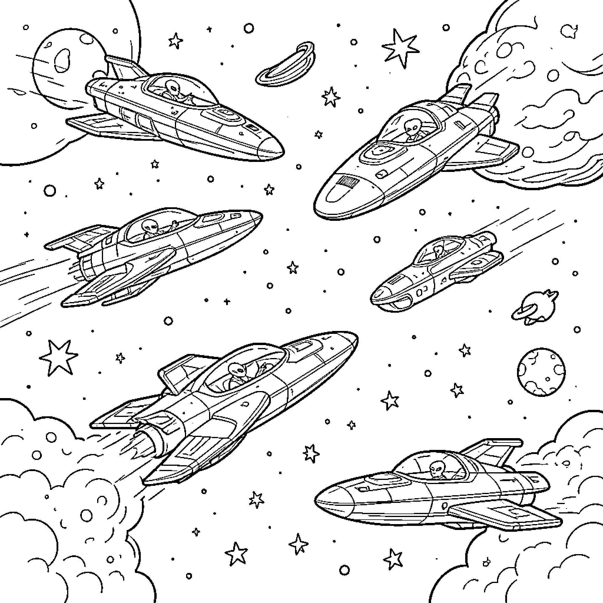 Alien spacecraft flying through a vast starry galaxy Coloring Page (free black-and-white line drawing printable PDF for all, from beginners to advanced learners, including children, teens, adults, and seniors)