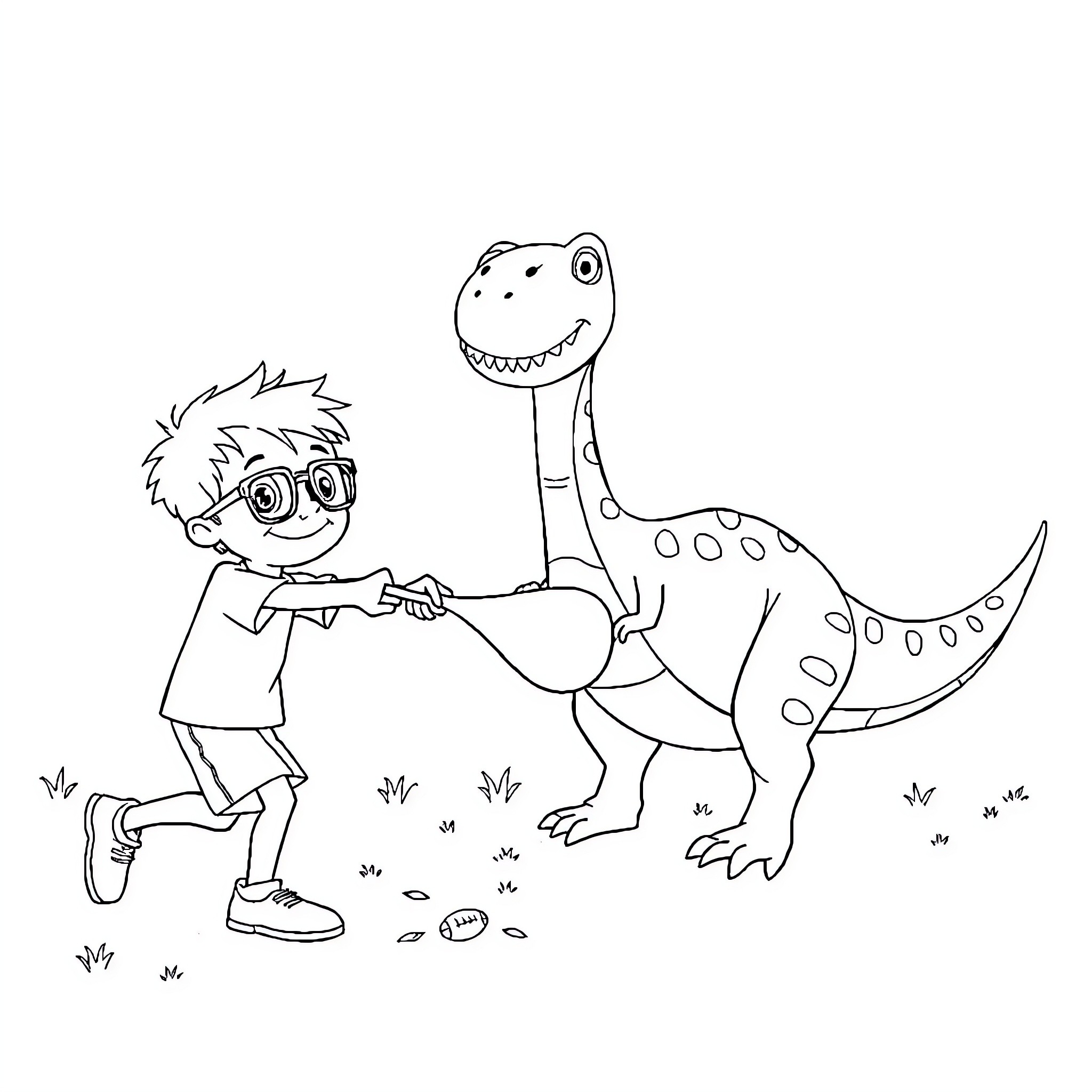 Boy playing with friendly dinosaur in nature Coloring Page (free black-and-white line drawing printable PDF for all, from beginners to advanced learners, including children, teens, adults, and seniors)