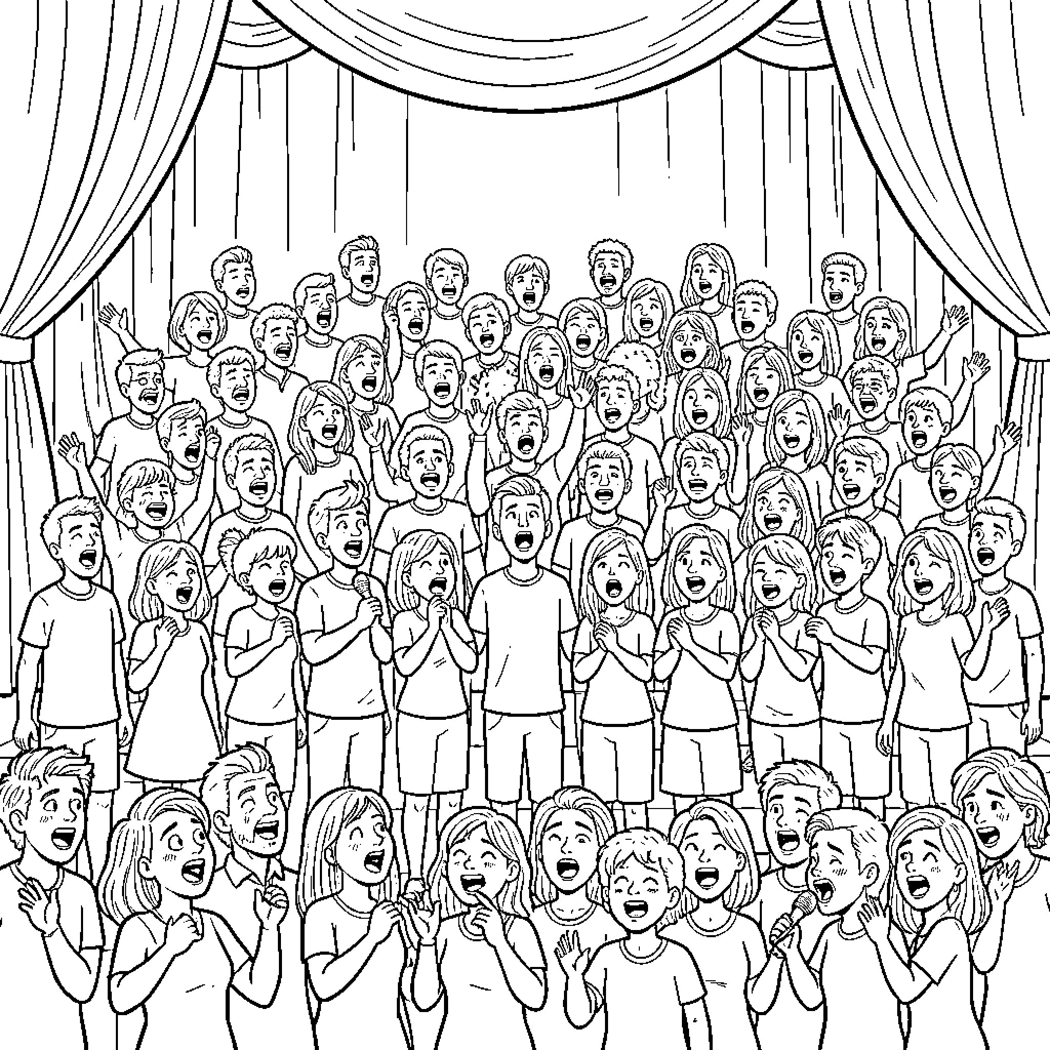 Chorale of joyful singers performing on a stage Coloring Page (free black-and-white line drawing printable PDF for all, from beginners to advanced learners, including children, teens, adults, and seniors)