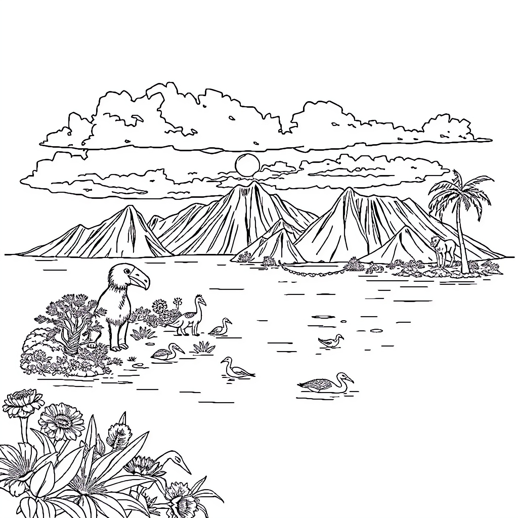 Galapagos wildlife and landscapes Coloring Page (free black-and-white line drawing printable PDF for all, from beginners to advanced learners, including children, teens, adults, and seniors)