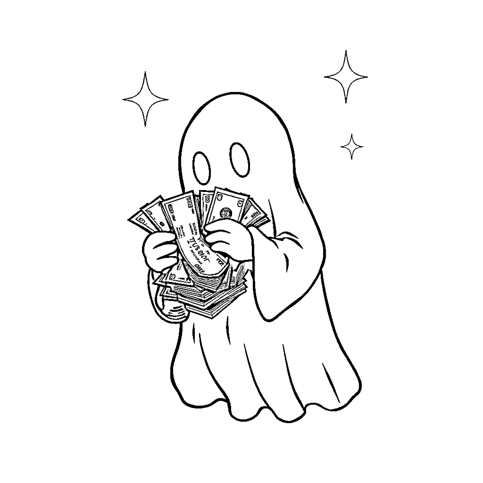 Ghost with Cash Flaunting Wealth Coloring Page (free black-and-white line drawing printable PDF for all, from beginners to advanced learners, including children, teens, adults, and seniors)