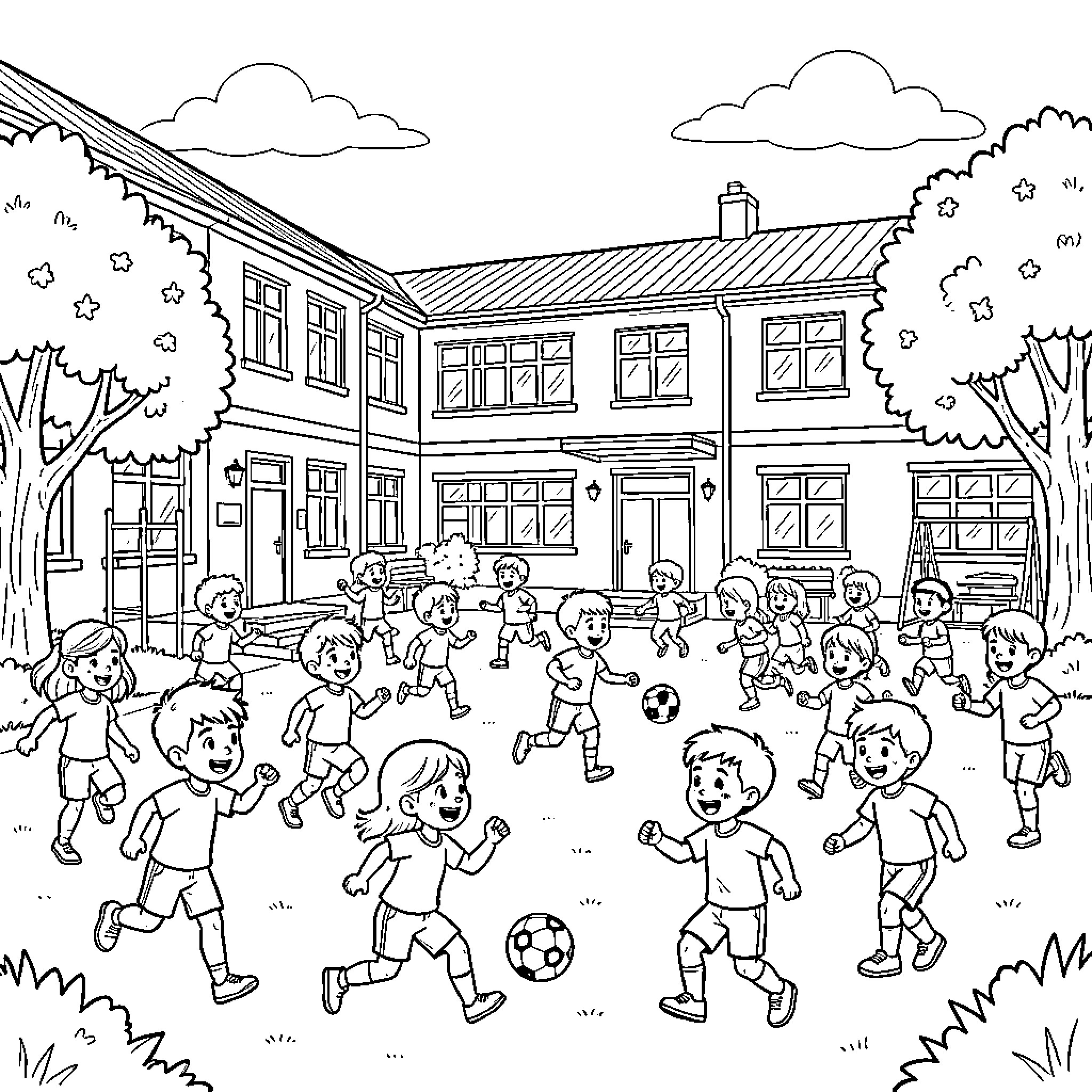 Niño playing soccer with friends in a schoolyard Coloring Page (free black-and-white line drawing printable PDF for all, from beginners to advanced learners, including children, teens, adults, and seniors)