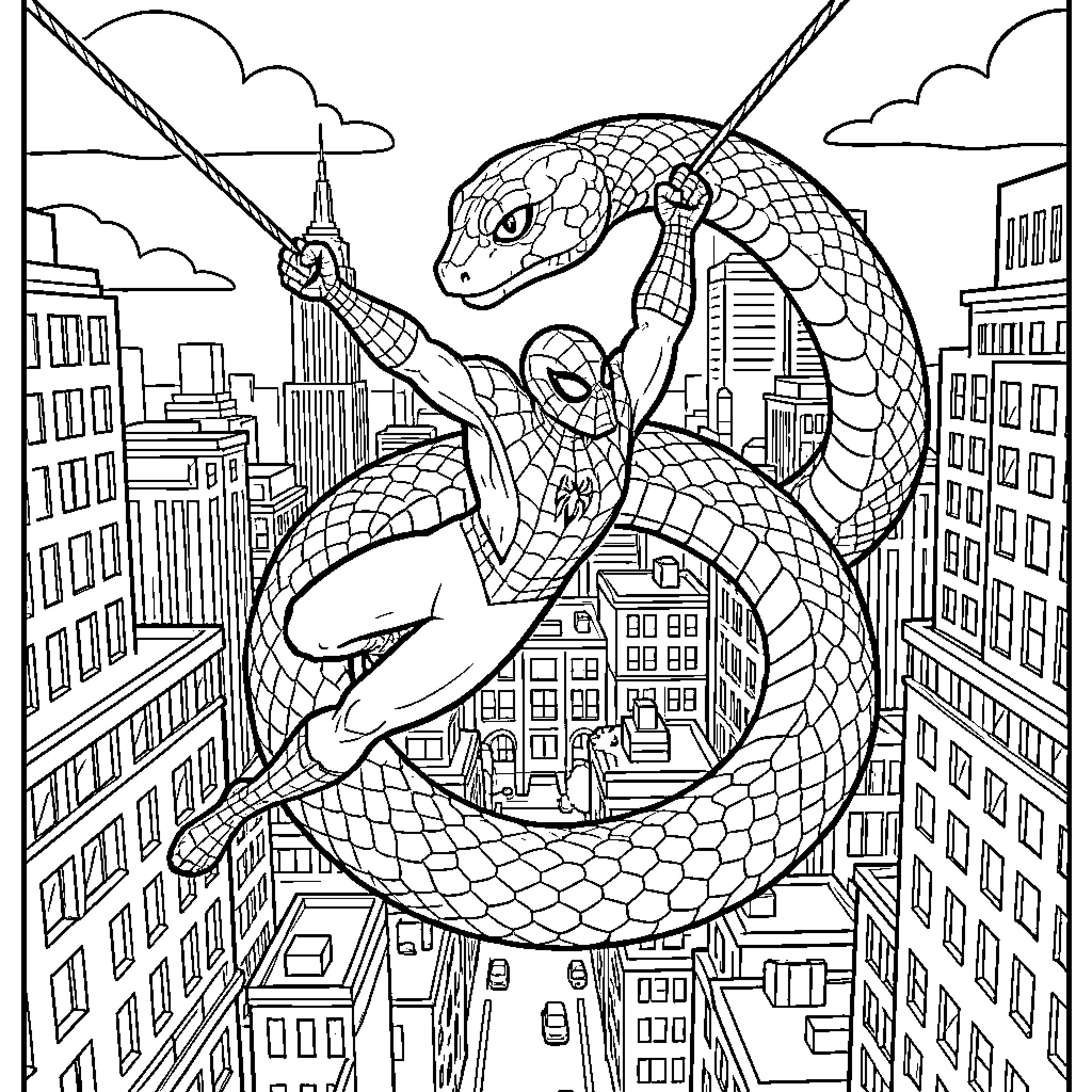 Spiderman swinging through a city fighting a giant snake Coloring Page (free black-and-white line drawing printable PDF for all, from beginners to advanced learners, including children, teens, adults, and seniors)