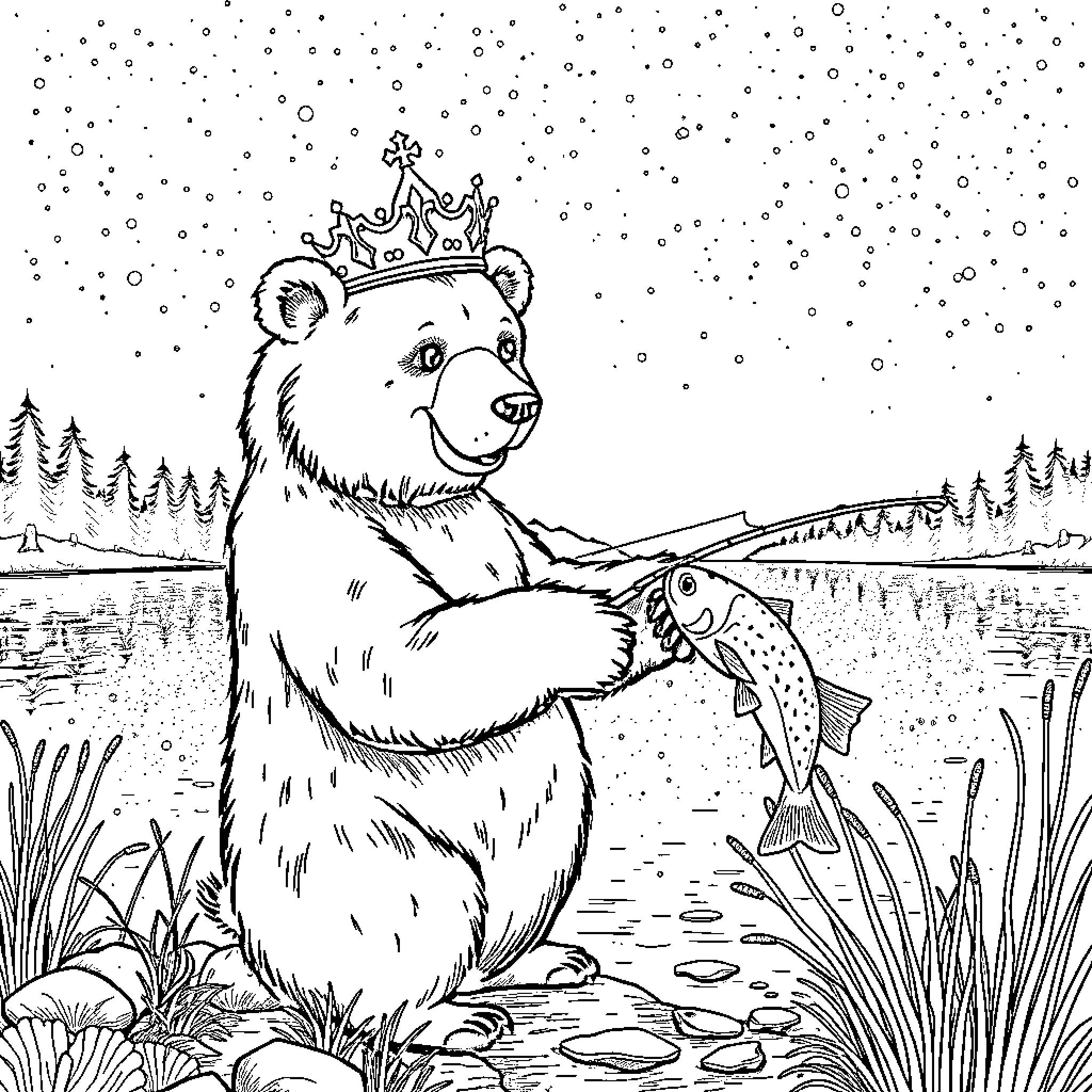 Bear fishing with crown in snowy forest Coloring Page (free black-and-white line drawing printable PDF for all, from beginners to advanced learners, including children, teens, adults, and seniors)