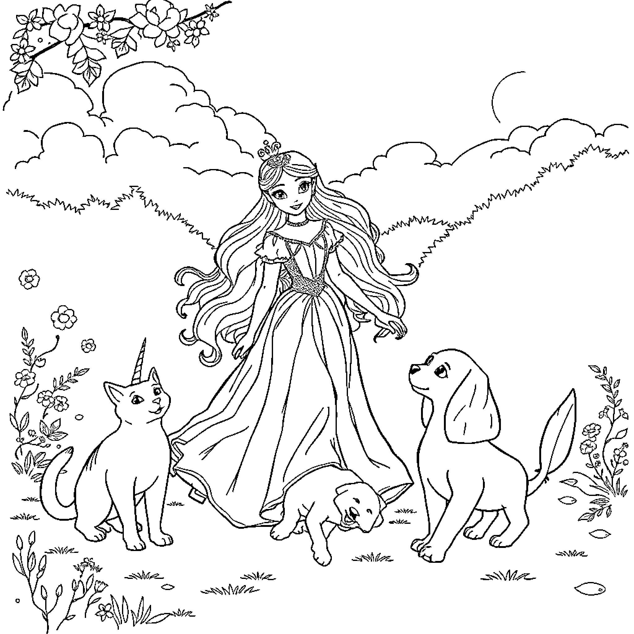 Princess in a floral meadow with animal companions Coloring Page (free black-and-white line drawing printable PDF for all, from beginners to advanced learners, including children, teens, adults, and seniors)