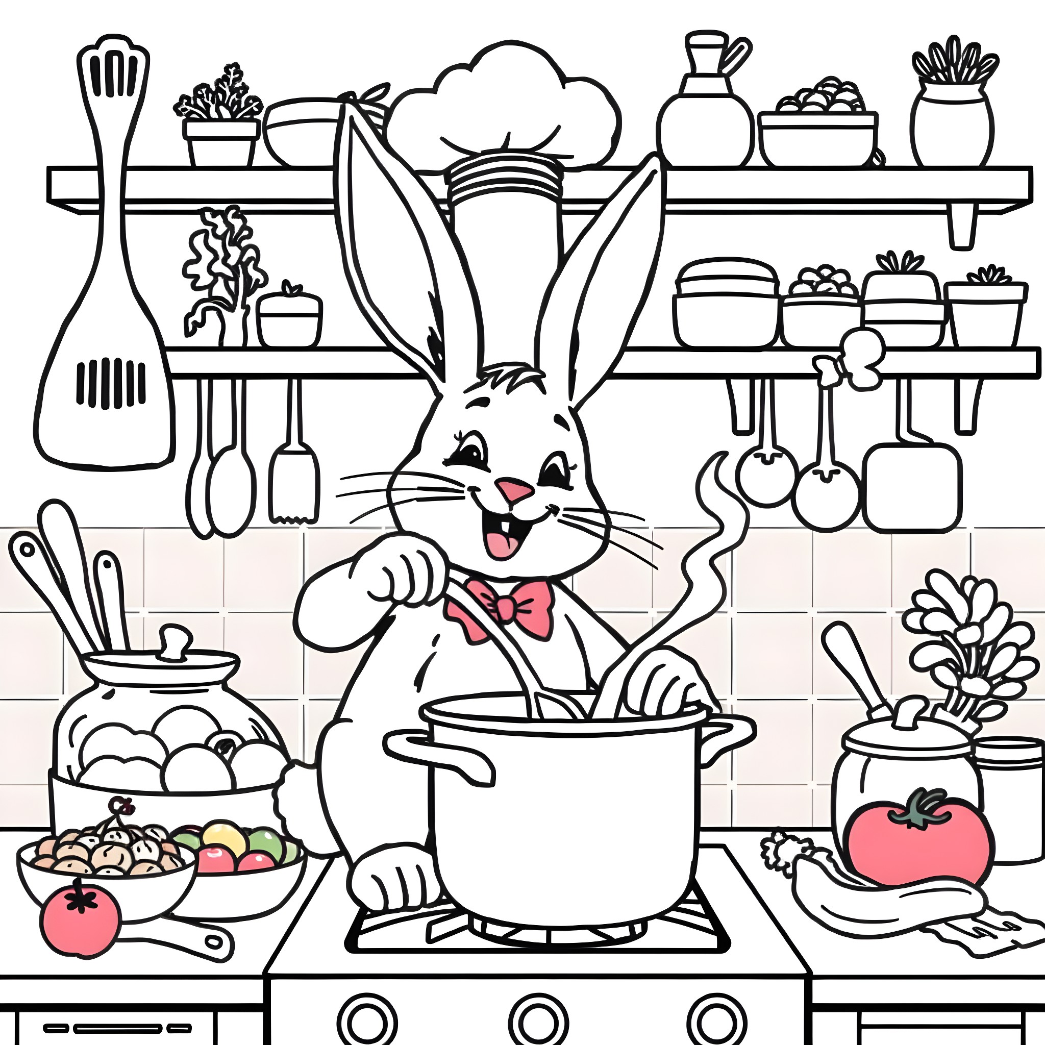Bunny cooking happily in the kitchen Coloring Page (free black-and-white line drawing printable PDF for all, from beginners to advanced learners, including children, teens, adults, and seniors)