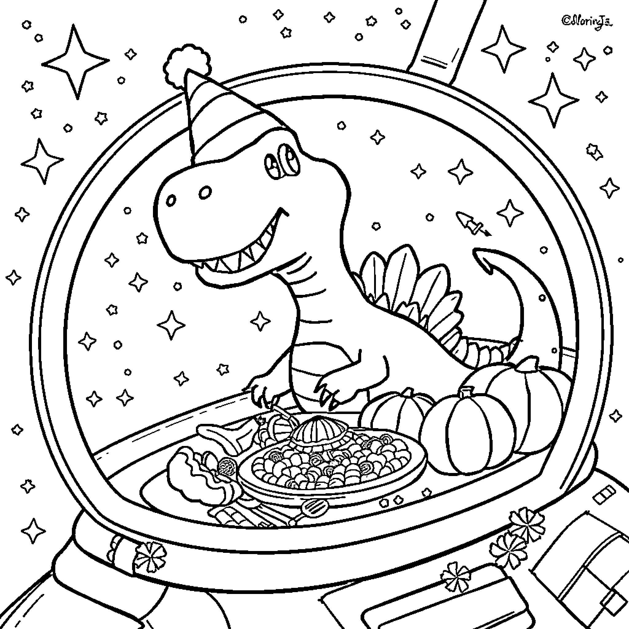 Dinosaur exploring a cosmic space habitat Coloring Page (free black-and-white line drawing printable PDF for all, from beginners to advanced learners, including children, teens, adults, and seniors)