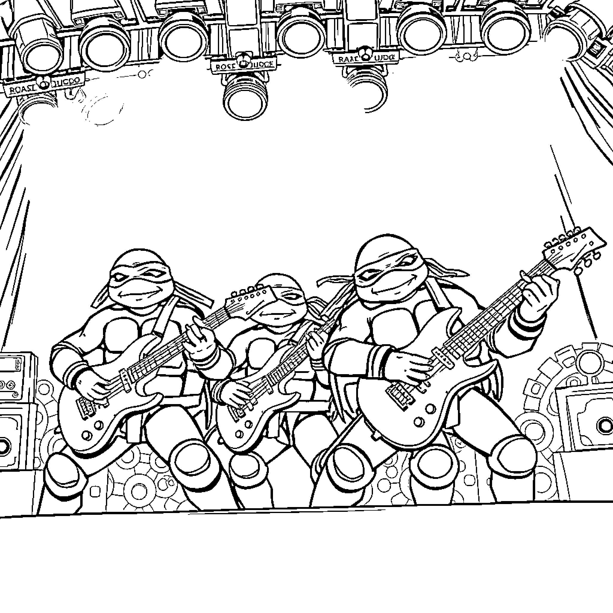 Ninja Turtles Rocking Out on Stage Coloring Page (free black-and-white line drawing printable PDF for all, from beginners to advanced learners, including children, teens, adults, and seniors)