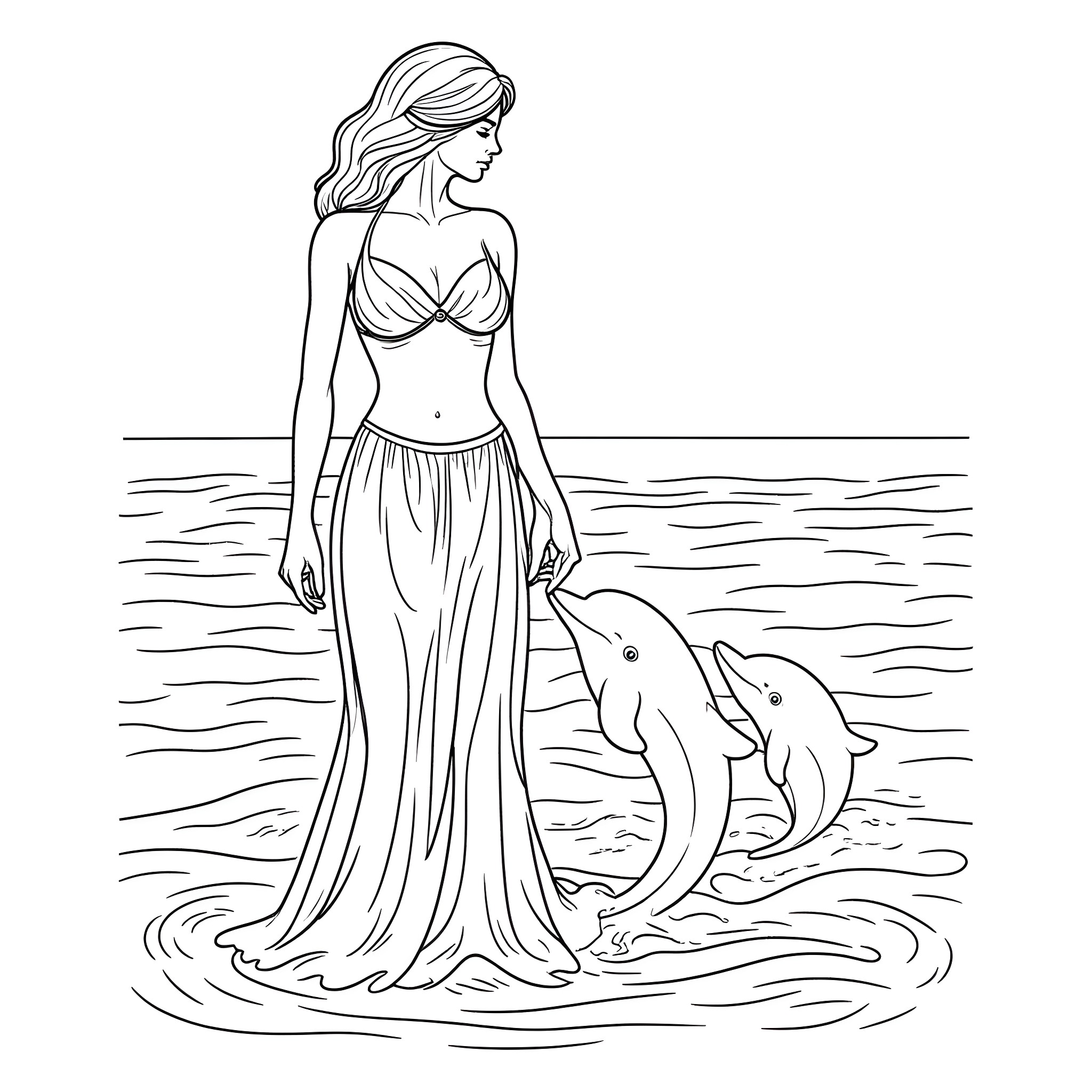 Aphrodite Embracing Dolphins in the Waves Coloring Page (free black-and-white line drawing printable PDF for all, from beginners to advanced learners, including children, teens, adults, and seniors)
