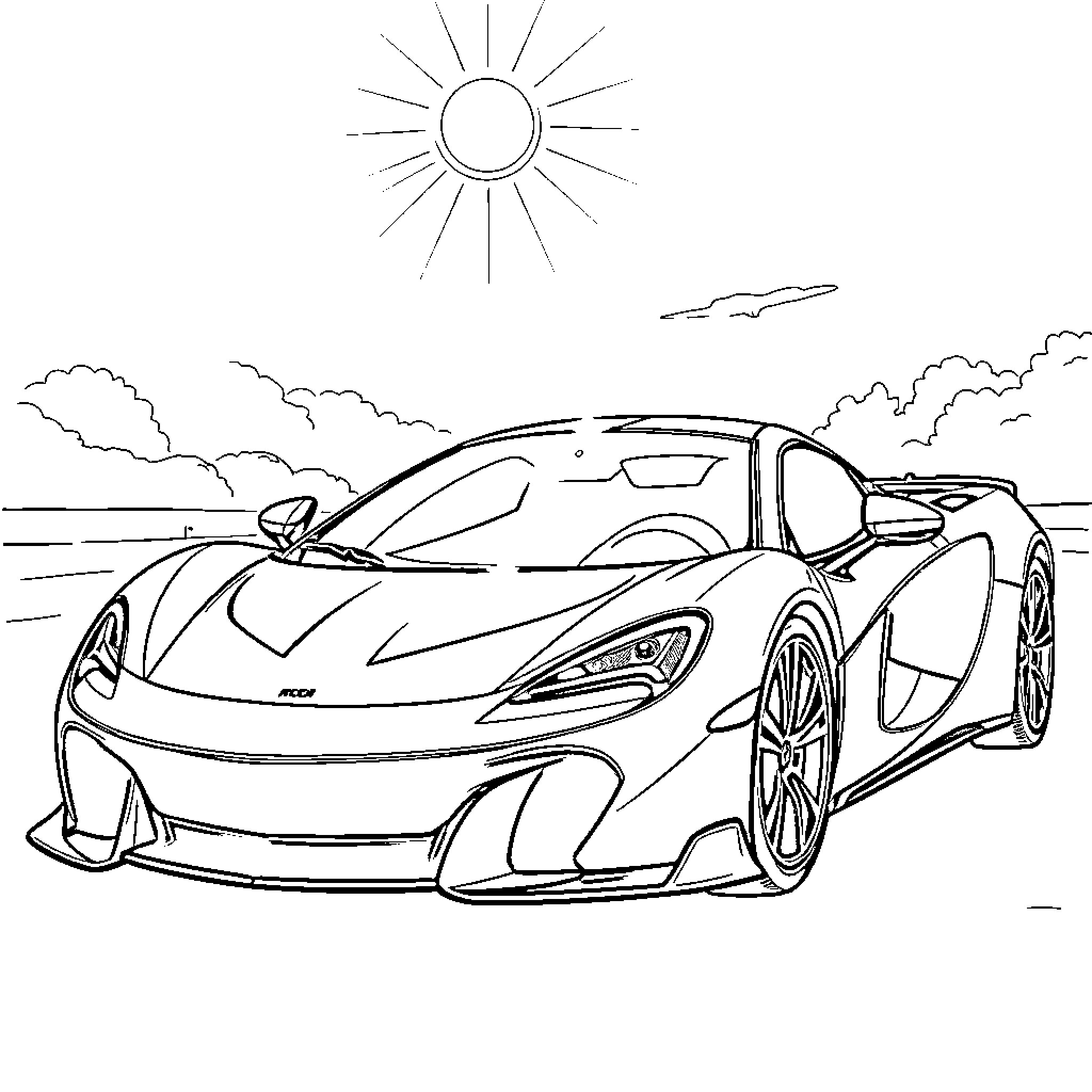 McLaren supercar on a sunny day Coloring Page (free black-and-white line drawing printable PDF for all, from beginners to advanced learners, including children, teens, adults, and seniors)
