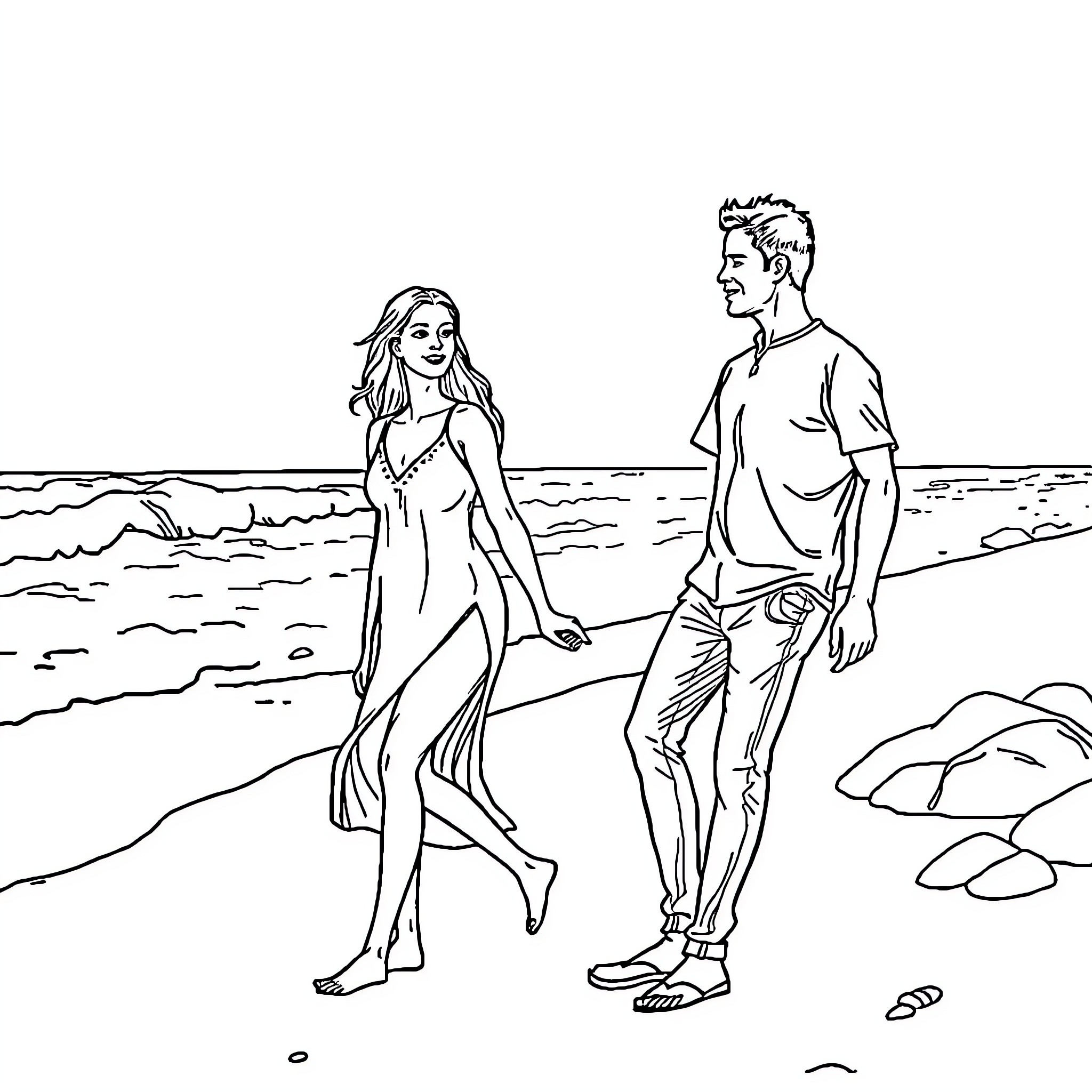 Couple strolling together on the beach Coloring Page (free black-and-white line drawing printable PDF for all, from beginners to advanced learners, including children, teens, adults, and seniors)