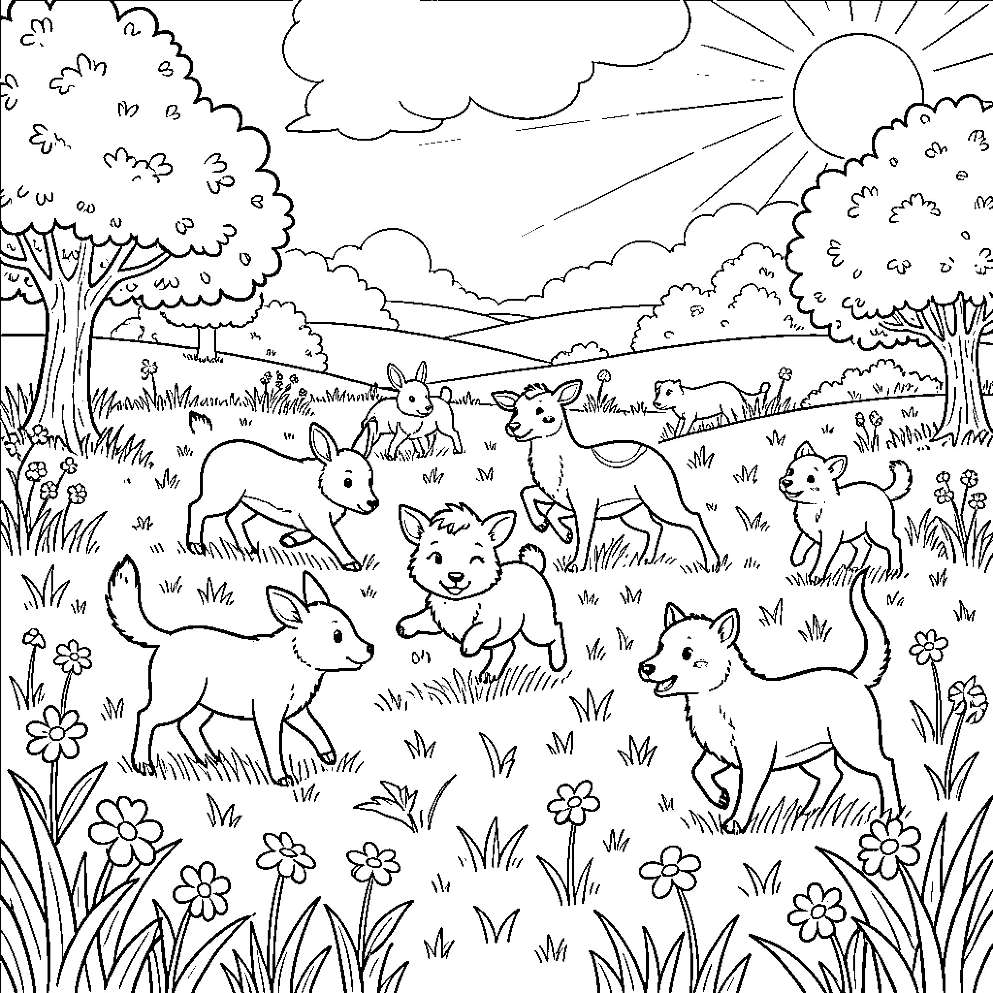 Animal scene with playful creatures in nature Coloring Page (free black-and-white line drawing printable PDF for all, from beginners to advanced learners, including children, teens, adults, and seniors)