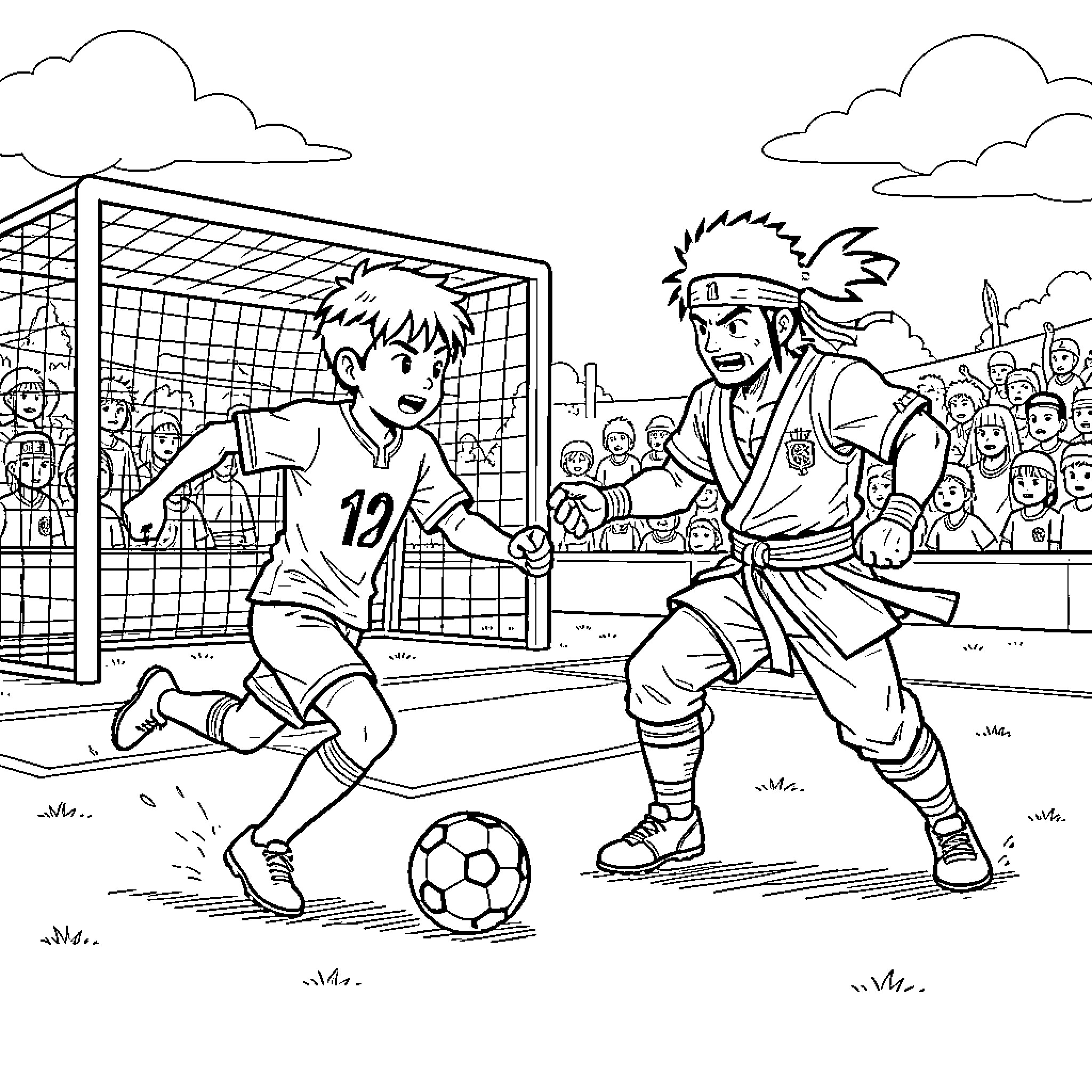 Lamine Yamal playing soccer against a competitor Coloring Page (free black-and-white line drawing printable PDF for all, from beginners to advanced learners, including children, teens, adults, and seniors)