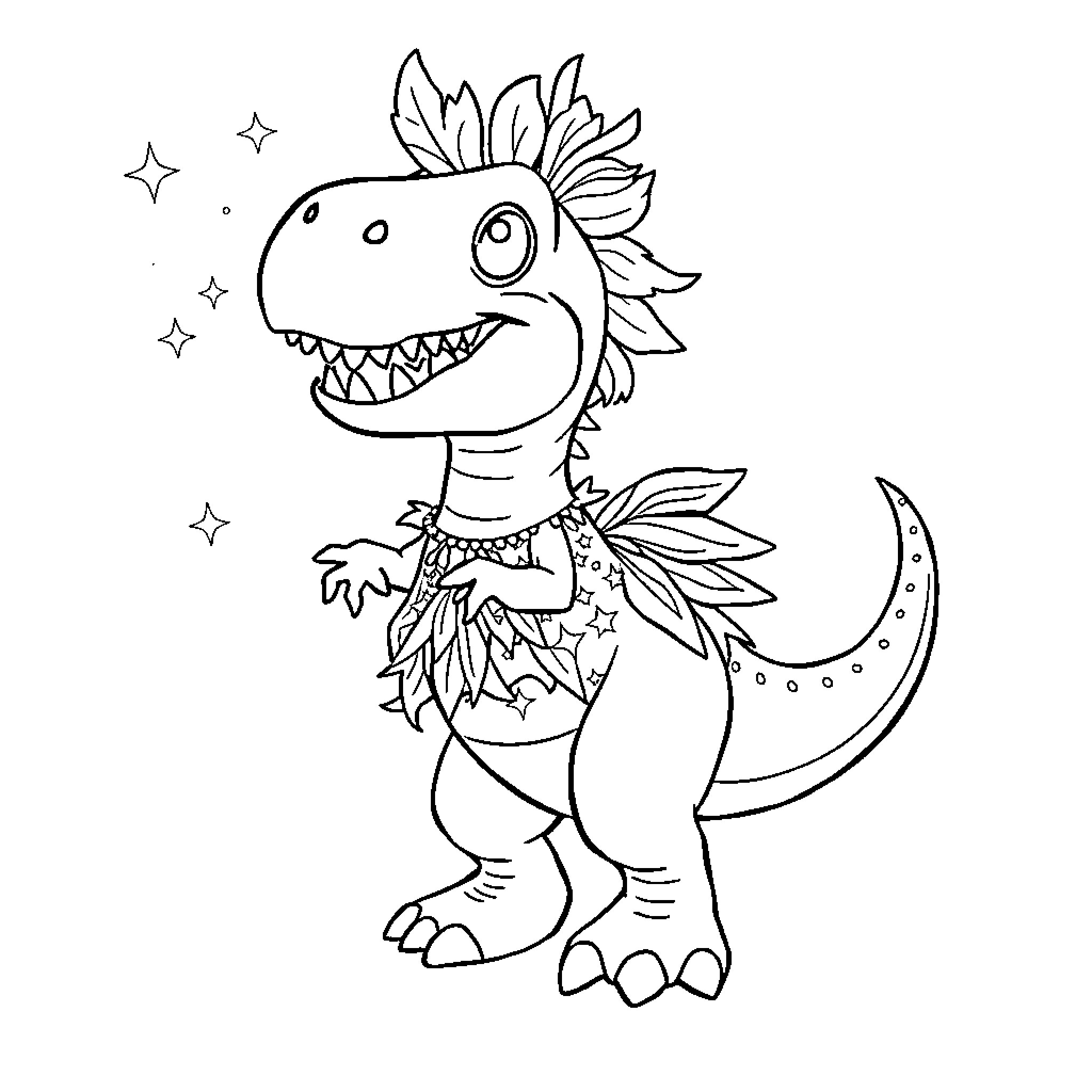 Dinosaur with playful expression and decorative patterns Coloring Page (free black-and-white line drawing printable PDF for all, from beginners to advanced learners, including children, teens, adults, and seniors)