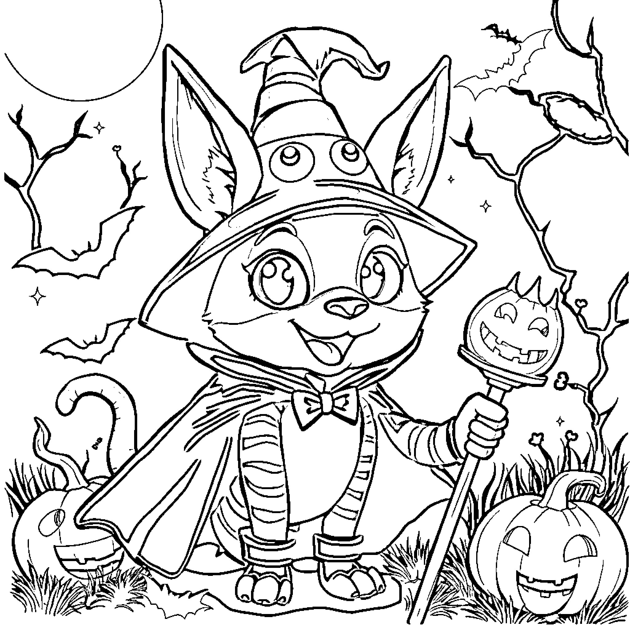 Huntrix's Halloween Adventure Coloring Page (free black-and-white line drawing printable PDF for all, from beginners to advanced learners, including children, teens, adults, and seniors)