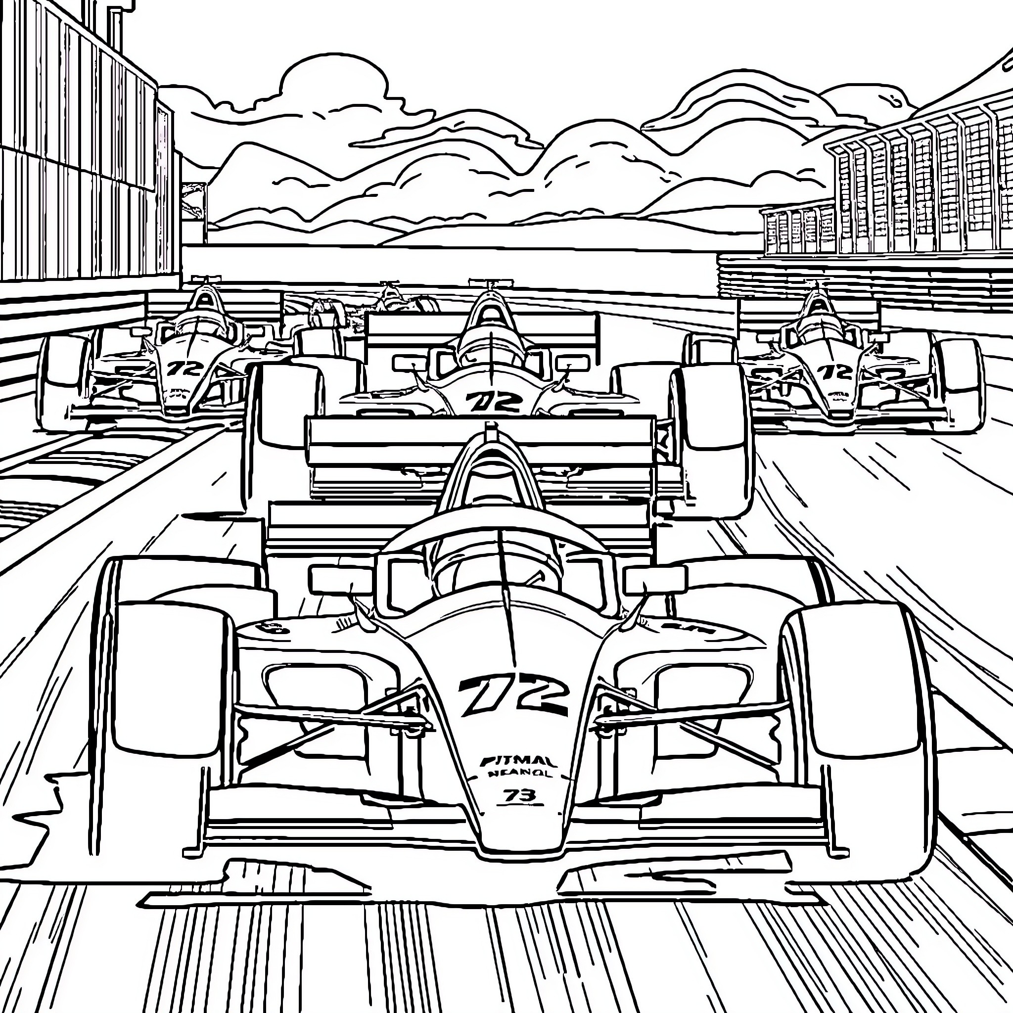 Formula 1 Racing Cars Speeding on the Track Coloring Page (free black-and-white line drawing printable PDF for all, from beginners to advanced learners, including children, teens, adults, and seniors)