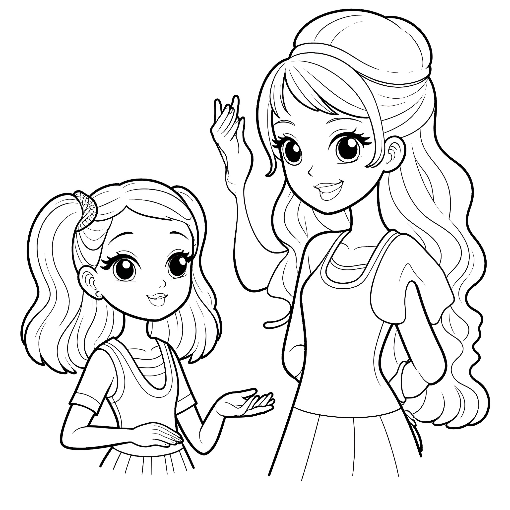 Sabrina Carpenter and friend posing cheerfully Coloring Page (free black-and-white line drawing printable PDF for all, from beginners to advanced learners, including children, teens, adults, and seniors)