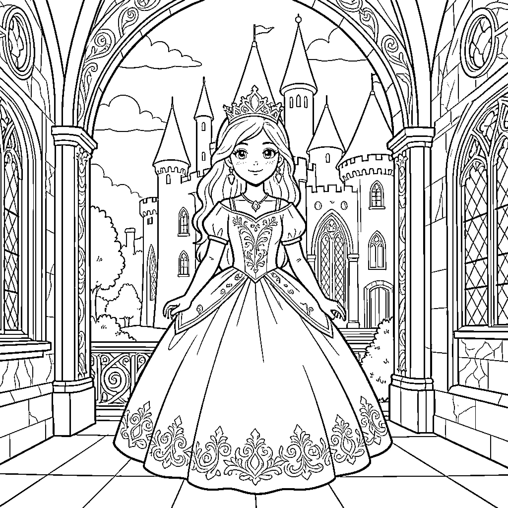 Princess standing gracefully in front of a castle Coloring Page (free black-and-white line drawing printable PDF for all, from beginners to advanced learners, including children, teens, adults, and seniors)