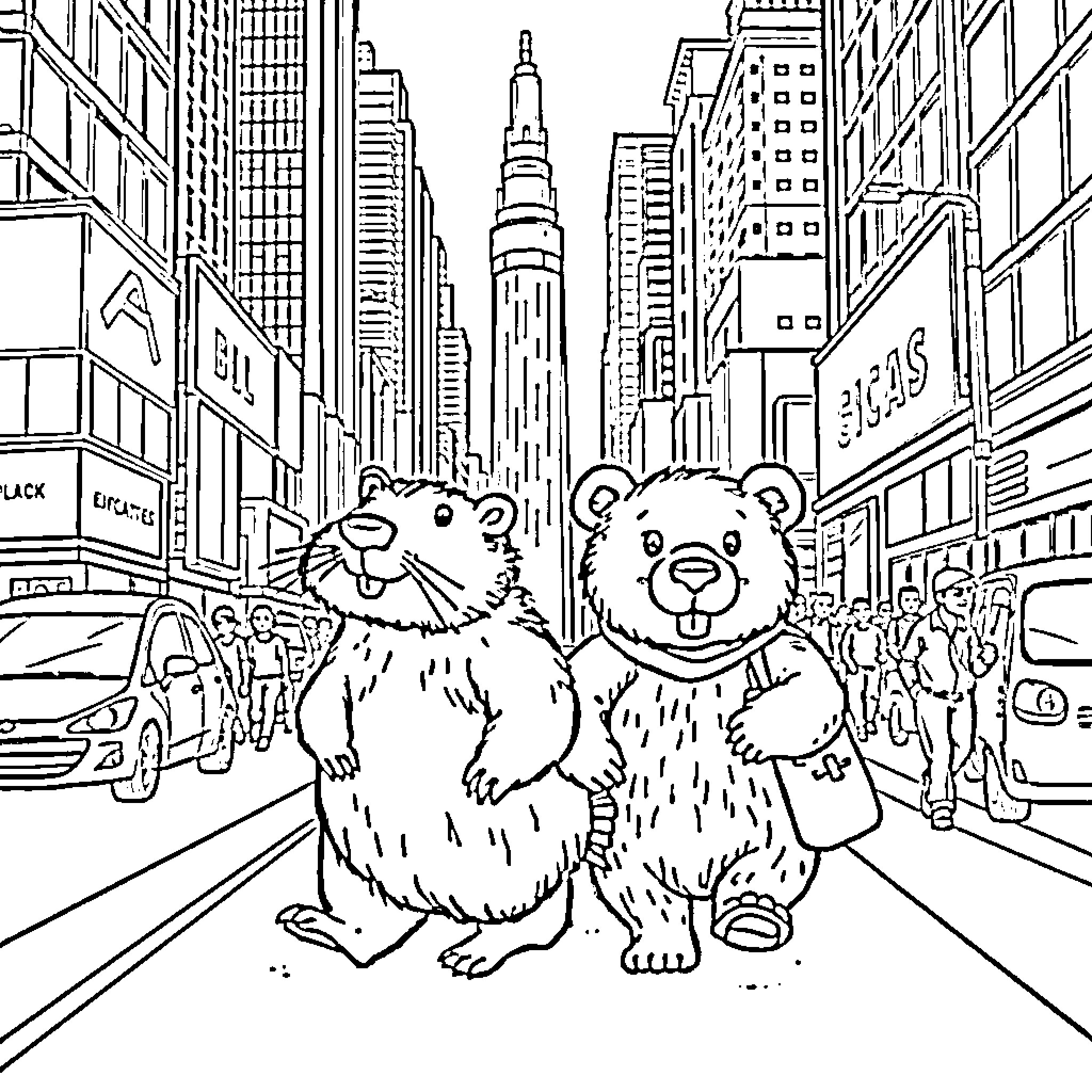 Beaver Duo Exploring the Bustling City Streets Coloring Page (free black-and-white line drawing printable PDF for all, from beginners to advanced learners, including children, teens, adults, and seniors)