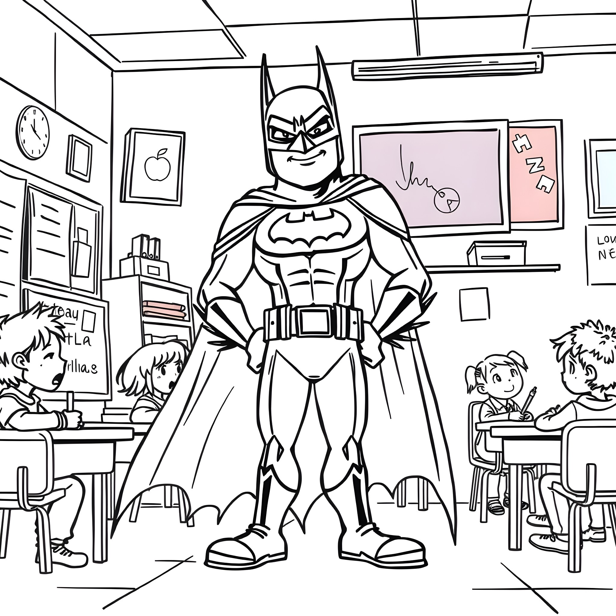 Batman Surprises Students in the Classroom Coloring Page (free black-and-white line drawing printable PDF for all, from beginners to advanced learners, including children, teens, adults, and seniors)