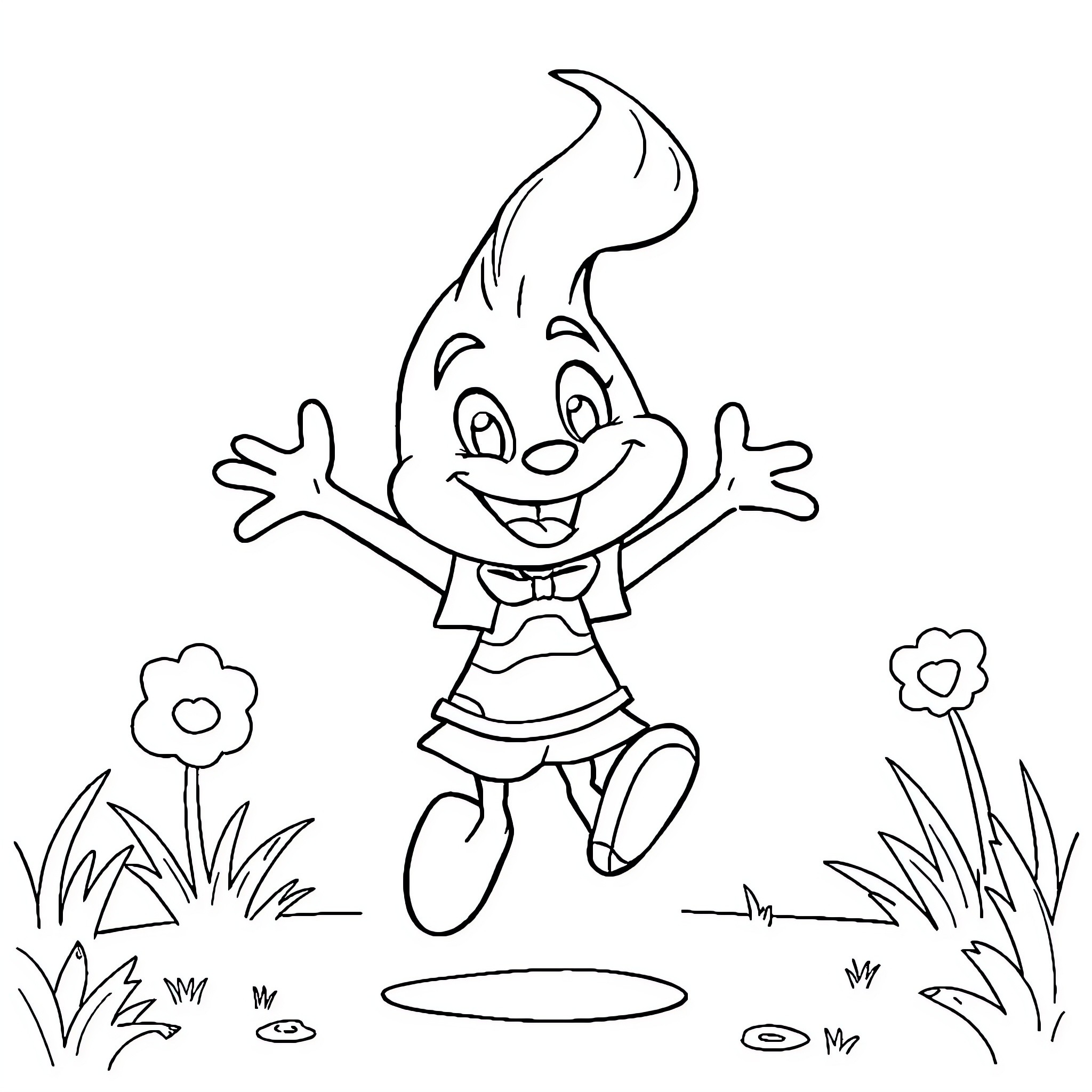 Sprunky character jumping joyfully in nature Coloring Page (free black-and-white line drawing printable PDF for all, from beginners to advanced learners, including children, teens, adults, and seniors)