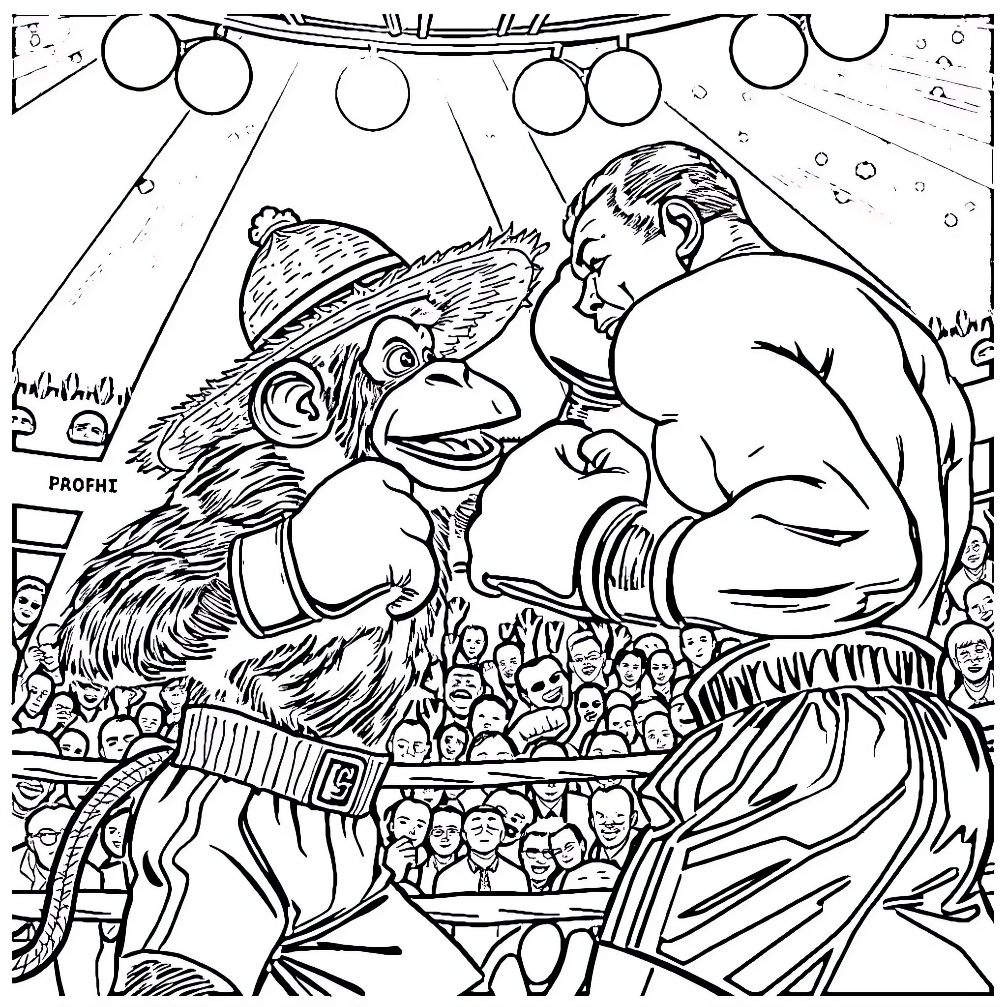 Monkey D Luffy challenges a large wrestler in a wrestling match Coloring Page (free black-and-white line drawing printable PDF for all, from beginners to advanced learners, including children, teens, adults, and seniors)