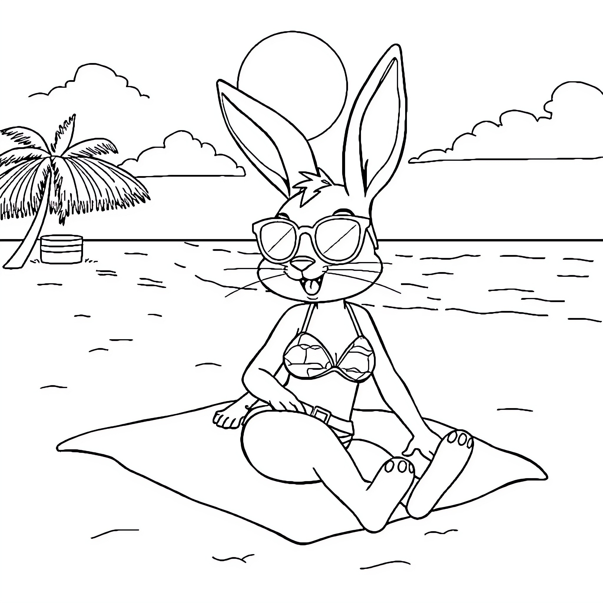 Lola Bunny enjoying a day at the beach Coloring Page (free black-and-white line drawing printable PDF for all, from beginners to advanced learners, including children, teens, adults, and seniors)