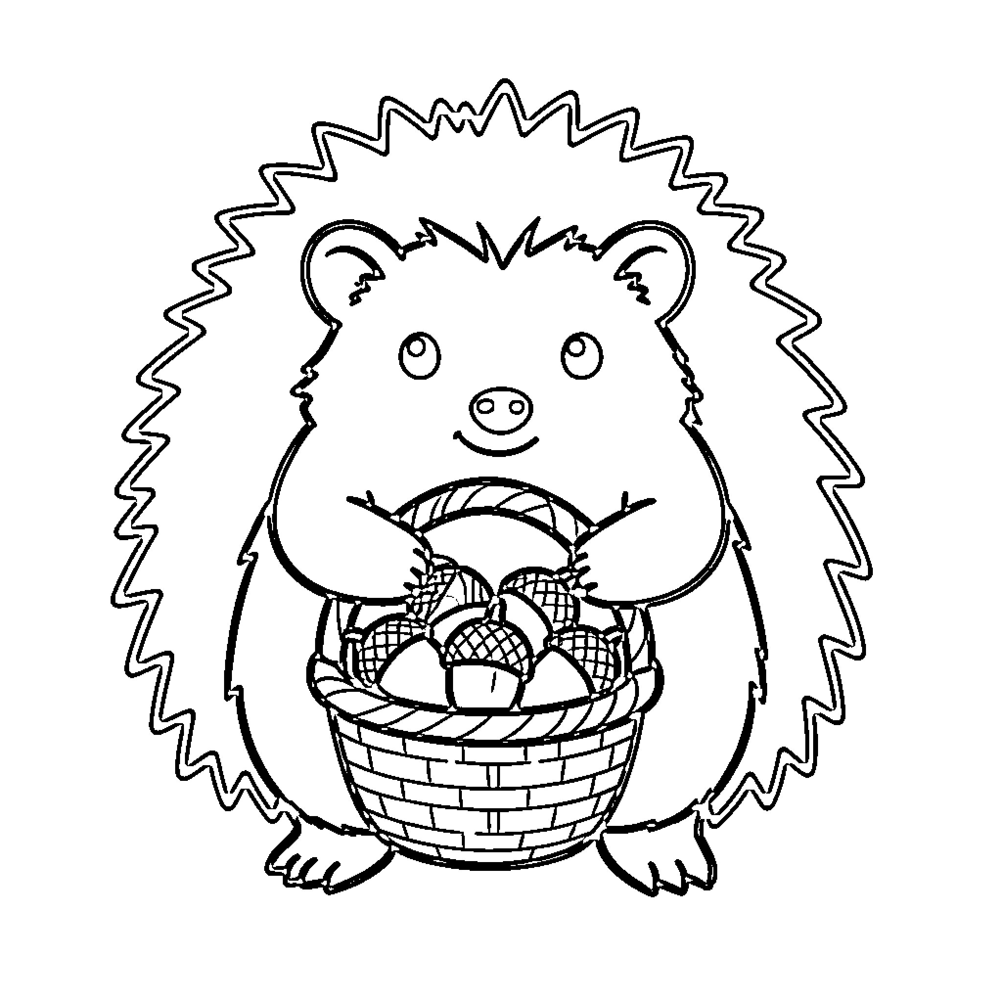 Hedgehog holding a basket filled with treats Coloring Page (free black-and-white line drawing printable PDF for all, from beginners to advanced learners, including children, teens, adults, and seniors)
