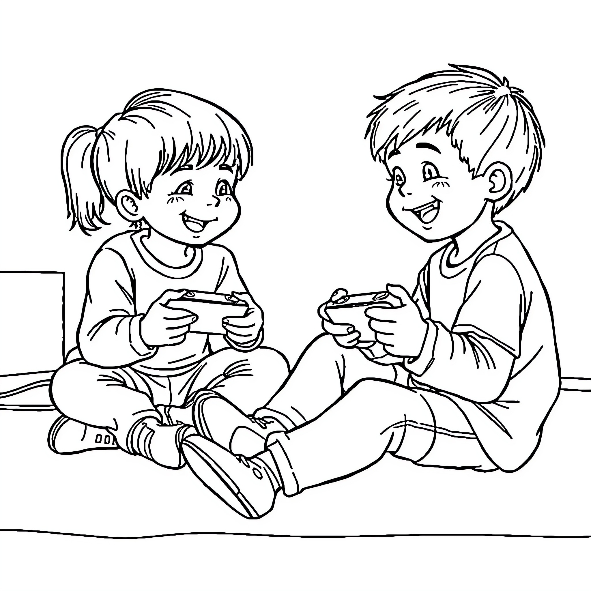 Game of friends playing video games Coloring Page (free black-and-white line drawing printable PDF for all, from beginners to advanced learners, including children, teens, adults, and seniors)