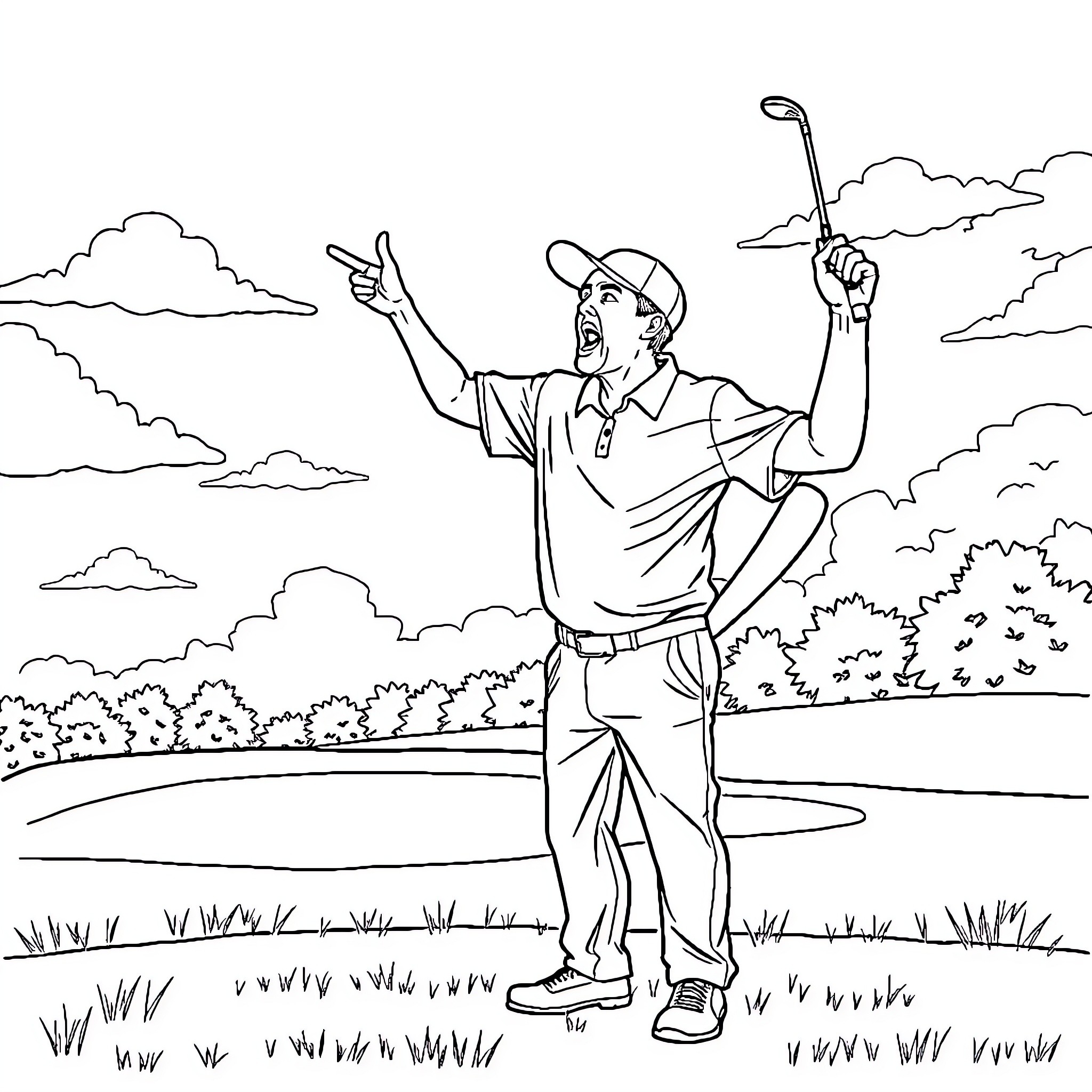 Man celebrates on golf course Coloring Page (free black-and-white line drawing printable PDF for all, from beginners to advanced learners, including children, teens, adults, and seniors)