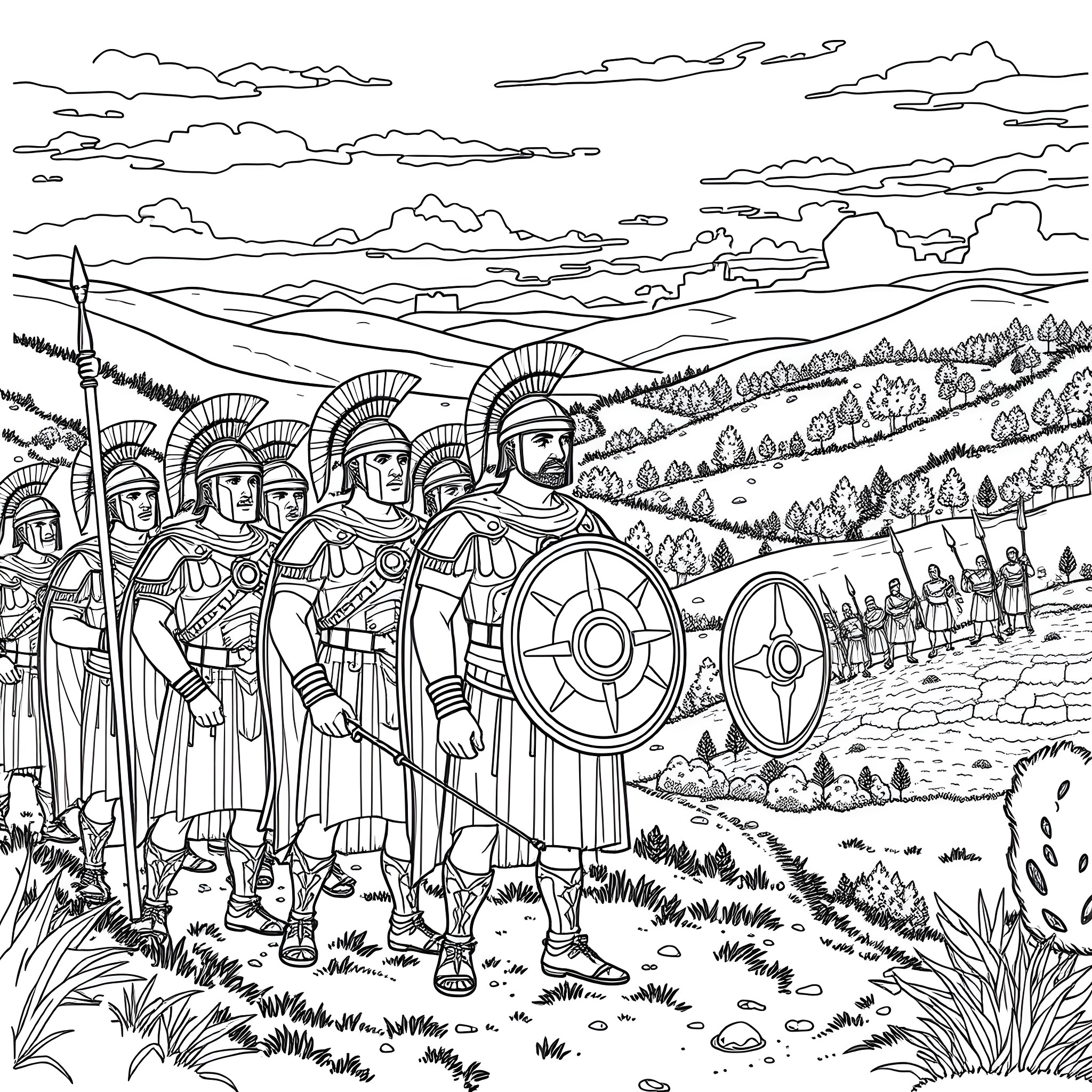 Legion of Armored Warriors on the March Coloring Page (free black-and-white line drawing printable PDF for all, from beginners to advanced learners, including children, teens, adults, and seniors)