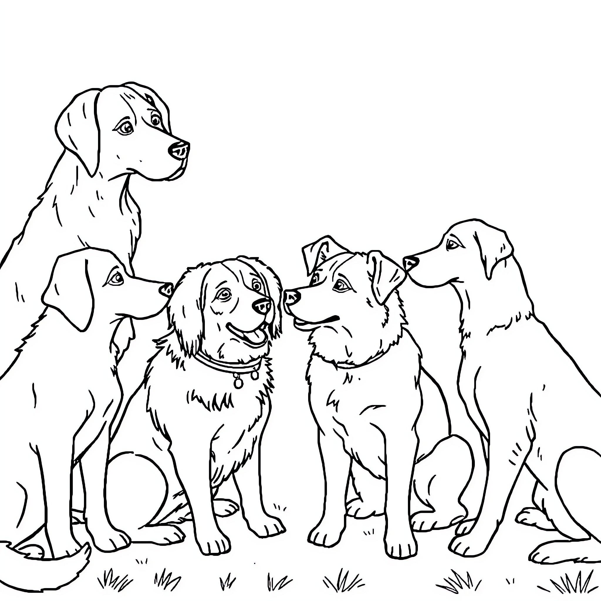 Cats Posing Together in the Park Coloring Page (free black-and-white line drawing printable PDF for all, from beginners to advanced learners, including children, teens, adults, and seniors)