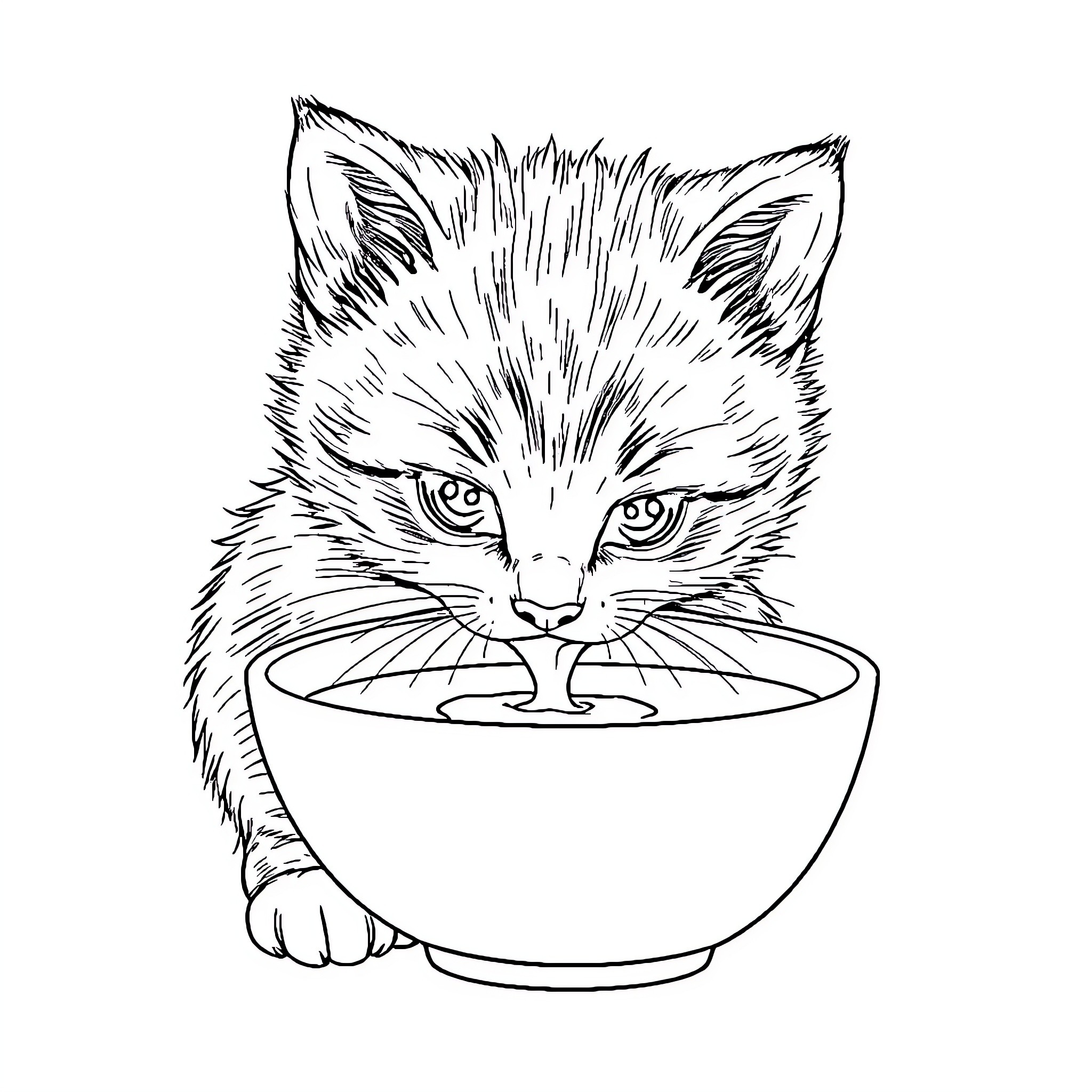 Kitten gazing into a bowl Coloring Page (free black-and-white line drawing printable PDF for all, from beginners to advanced learners, including children, teens, adults, and seniors)