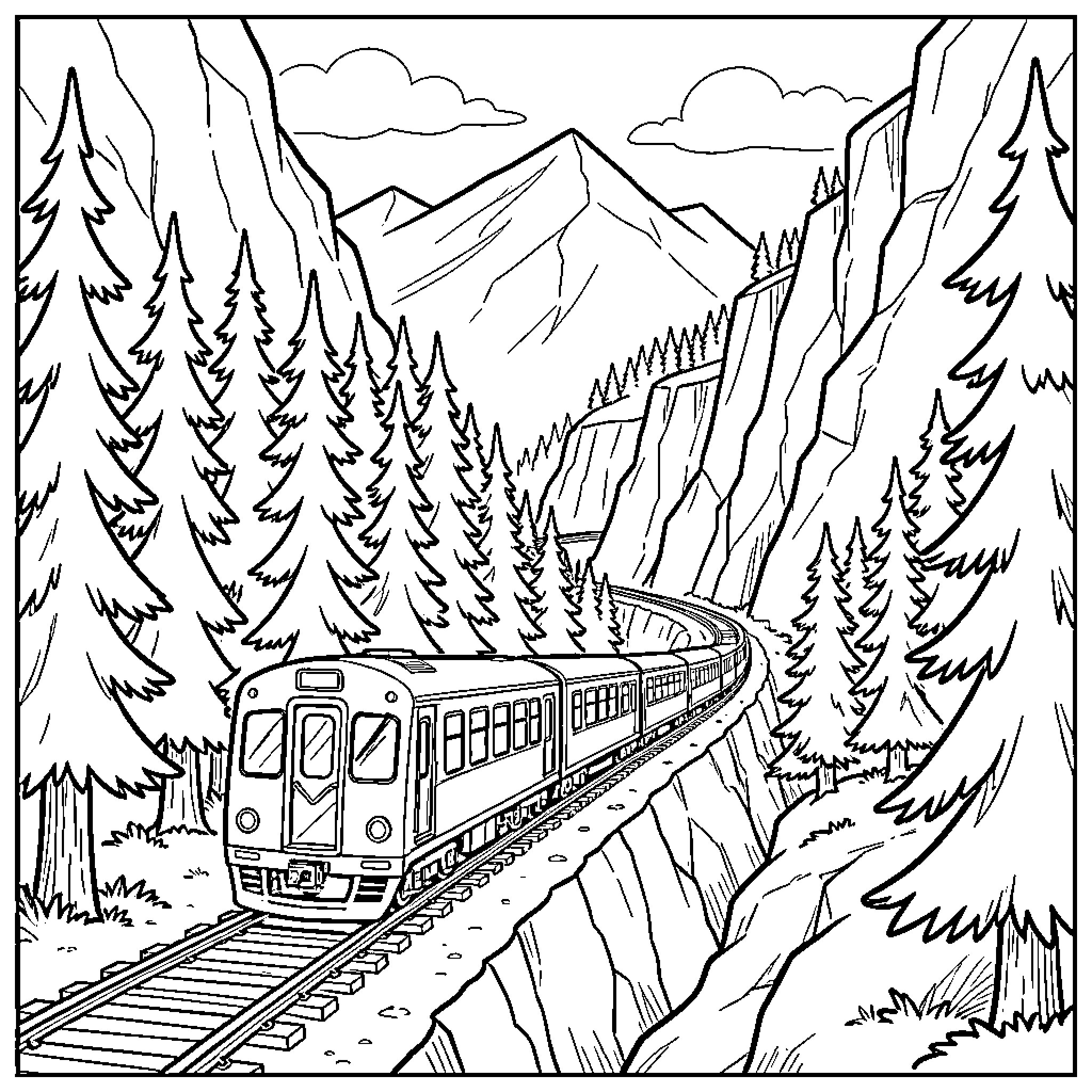 Train traveling through a scenic mountain forest landscape Coloring Page (free black-and-white line drawing printable PDF for all, from beginners to advanced learners, including children, teens, adults, and seniors)