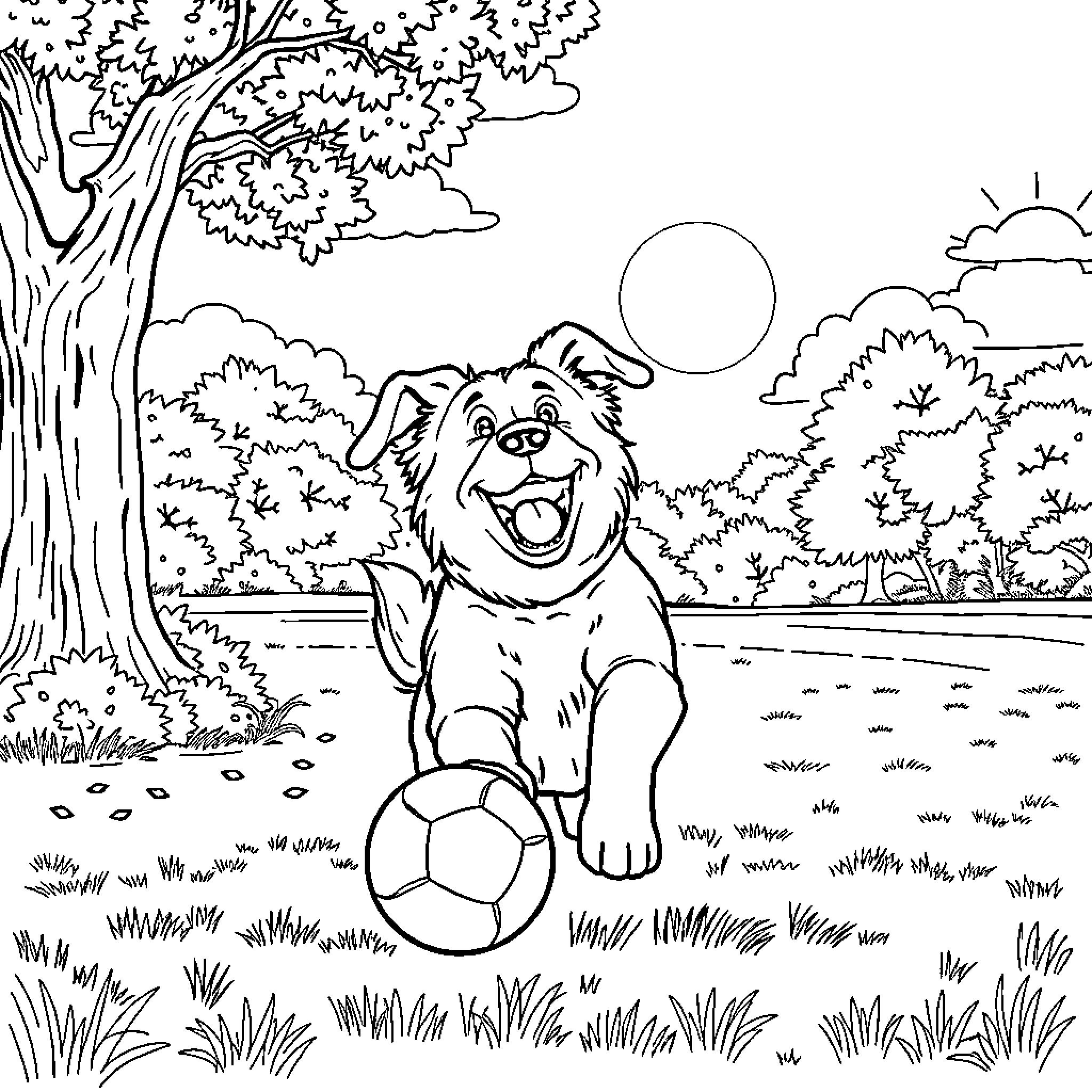 Dog playing joyfully with a soccer ball in the park Coloring Page (free black-and-white line drawing printable PDF for all, from beginners to advanced learners, including children, teens, adults, and seniors)