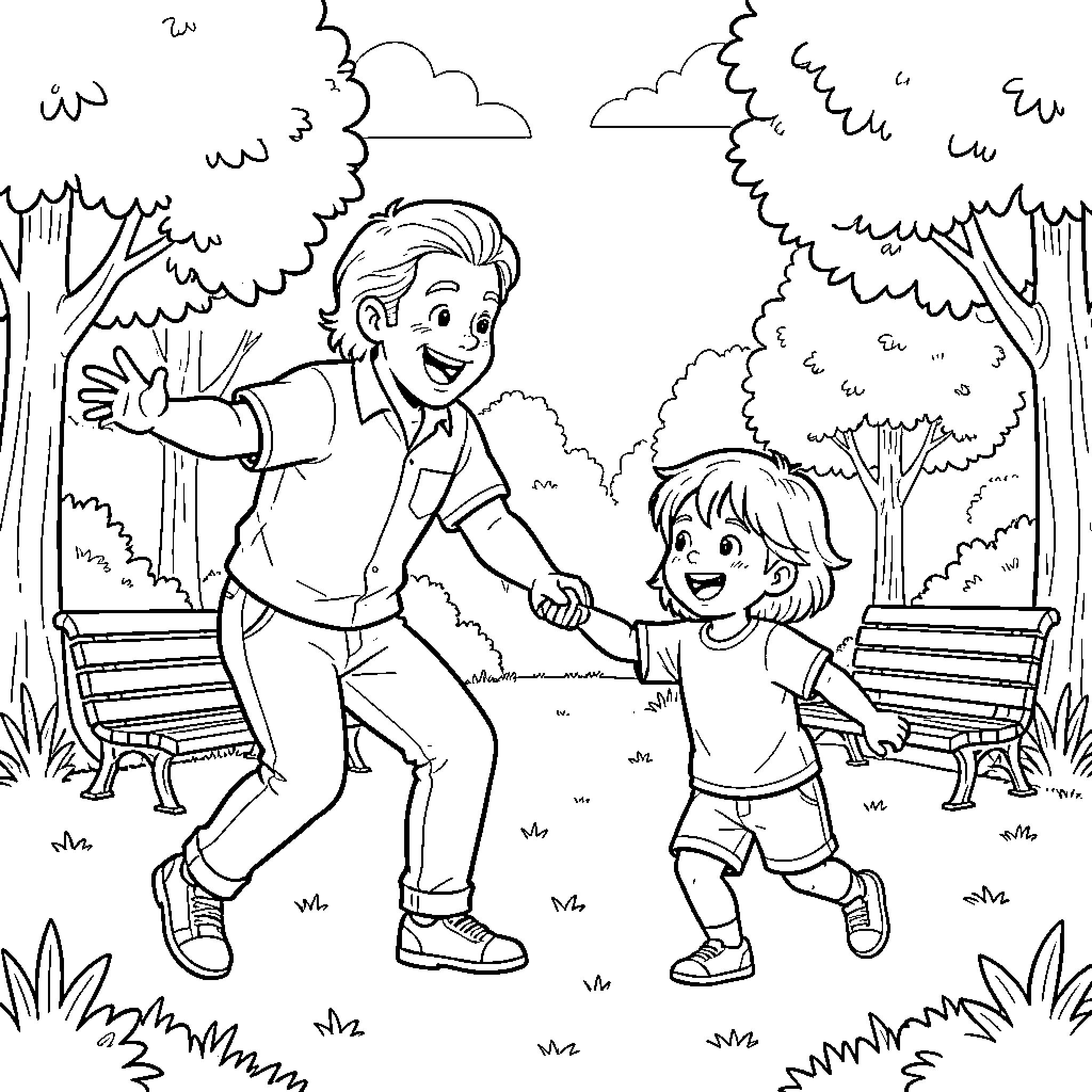 Marcus and a child running joyfully through a park Coloring Page (free black-and-white line drawing printable PDF for all, from beginners to advanced learners, including children, teens, adults, and seniors)
