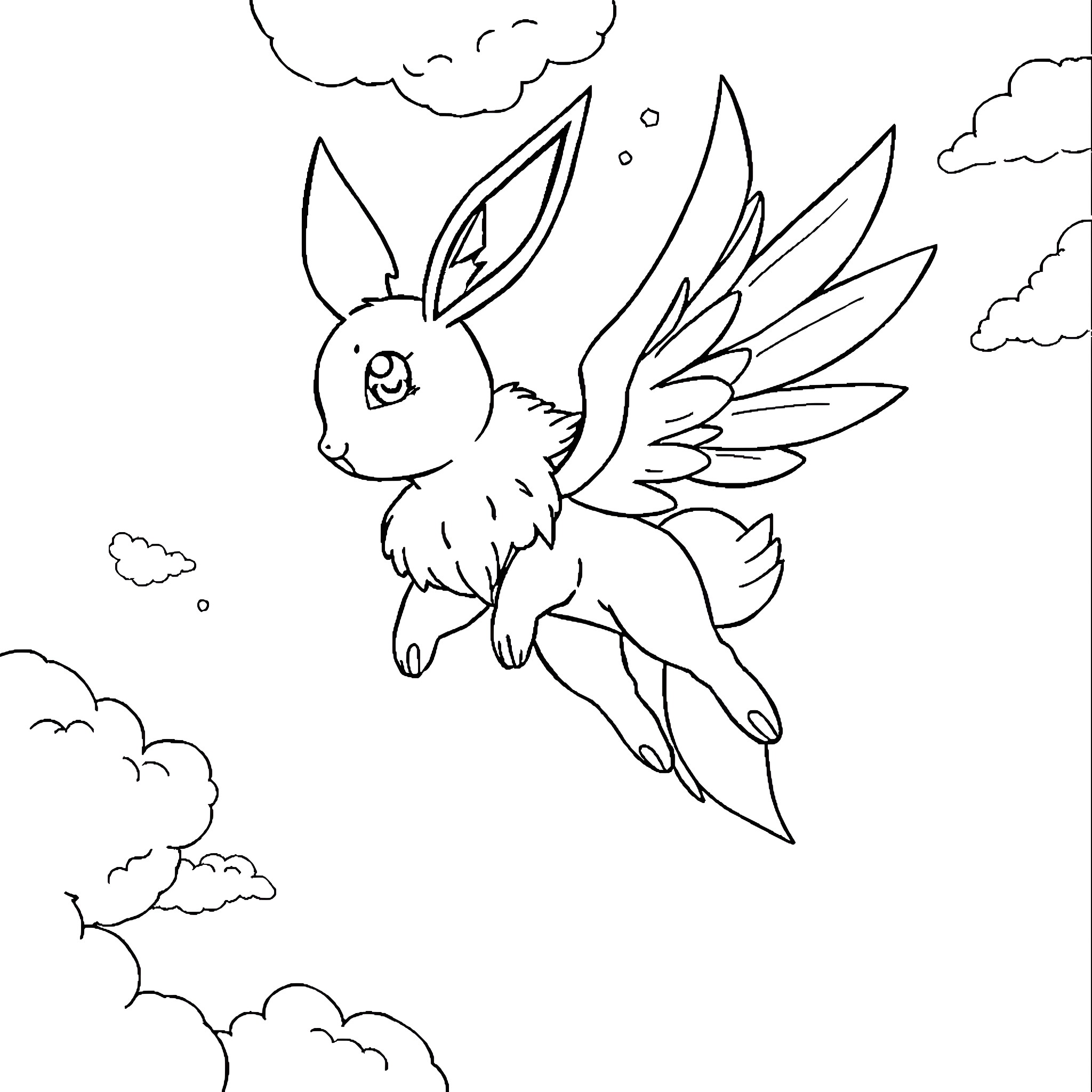 Eevee soaring through the clouds with wings Coloring Page (free black-and-white line drawing printable PDF for all, from beginners to advanced learners, including children, teens, adults, and seniors)