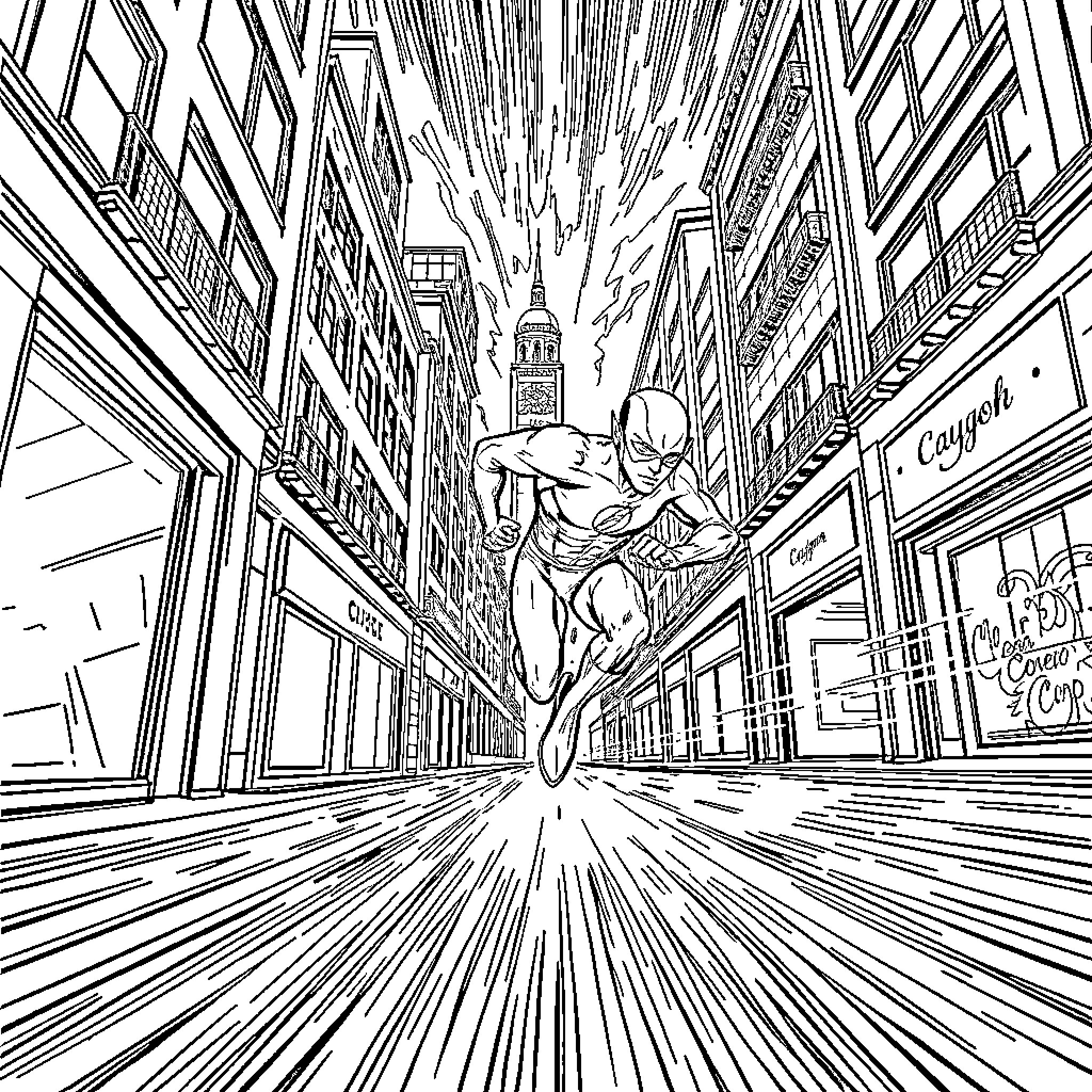 Flash Speeding Through the City Streets Coloring Page (free black-and-white line drawing printable PDF for all, from beginners to advanced learners, including children, teens, adults, and seniors)