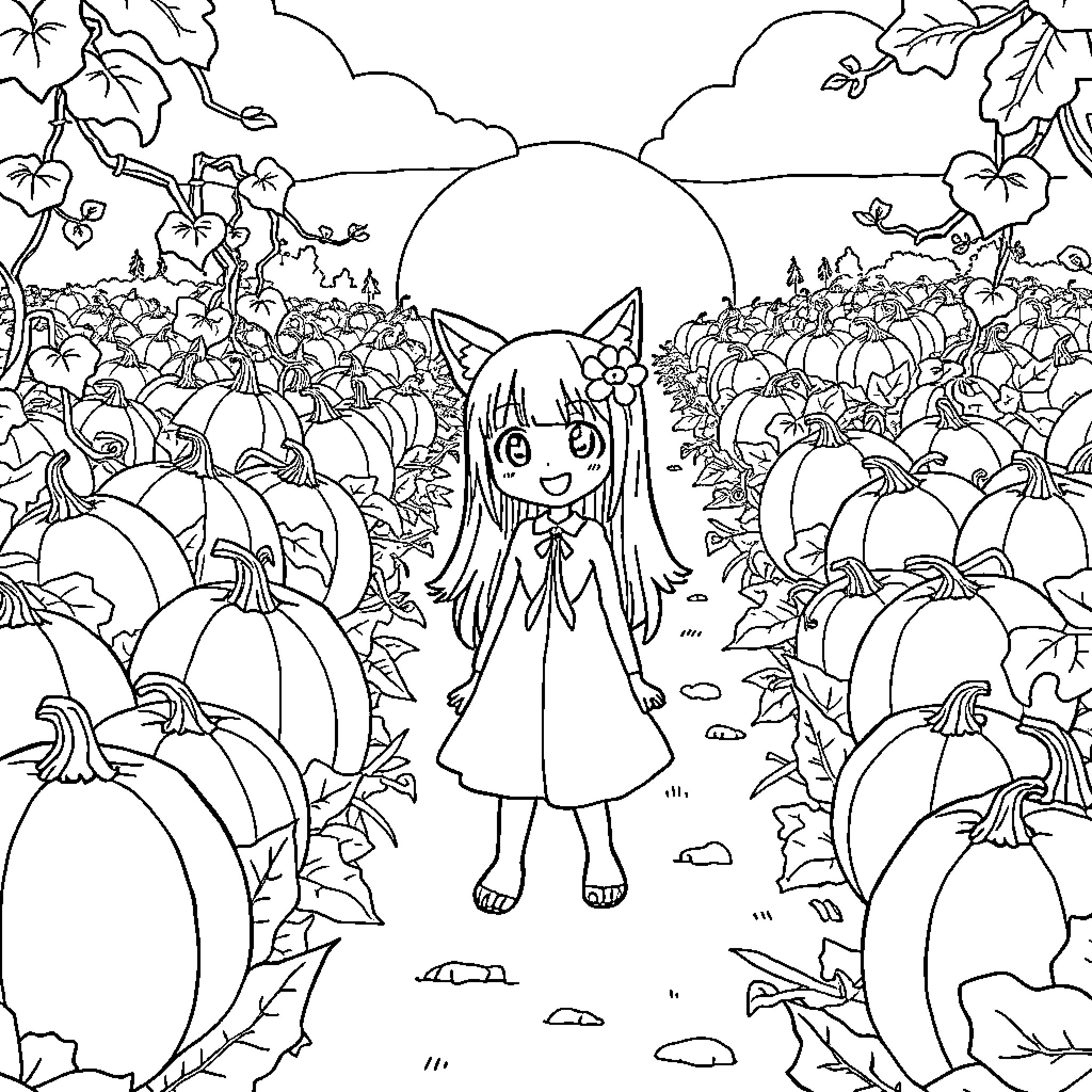 Kuromi exploring the pumpkin patch Coloring Page (free black-and-white line drawing printable PDF for all, from beginners to advanced learners, including children, teens, adults, and seniors)