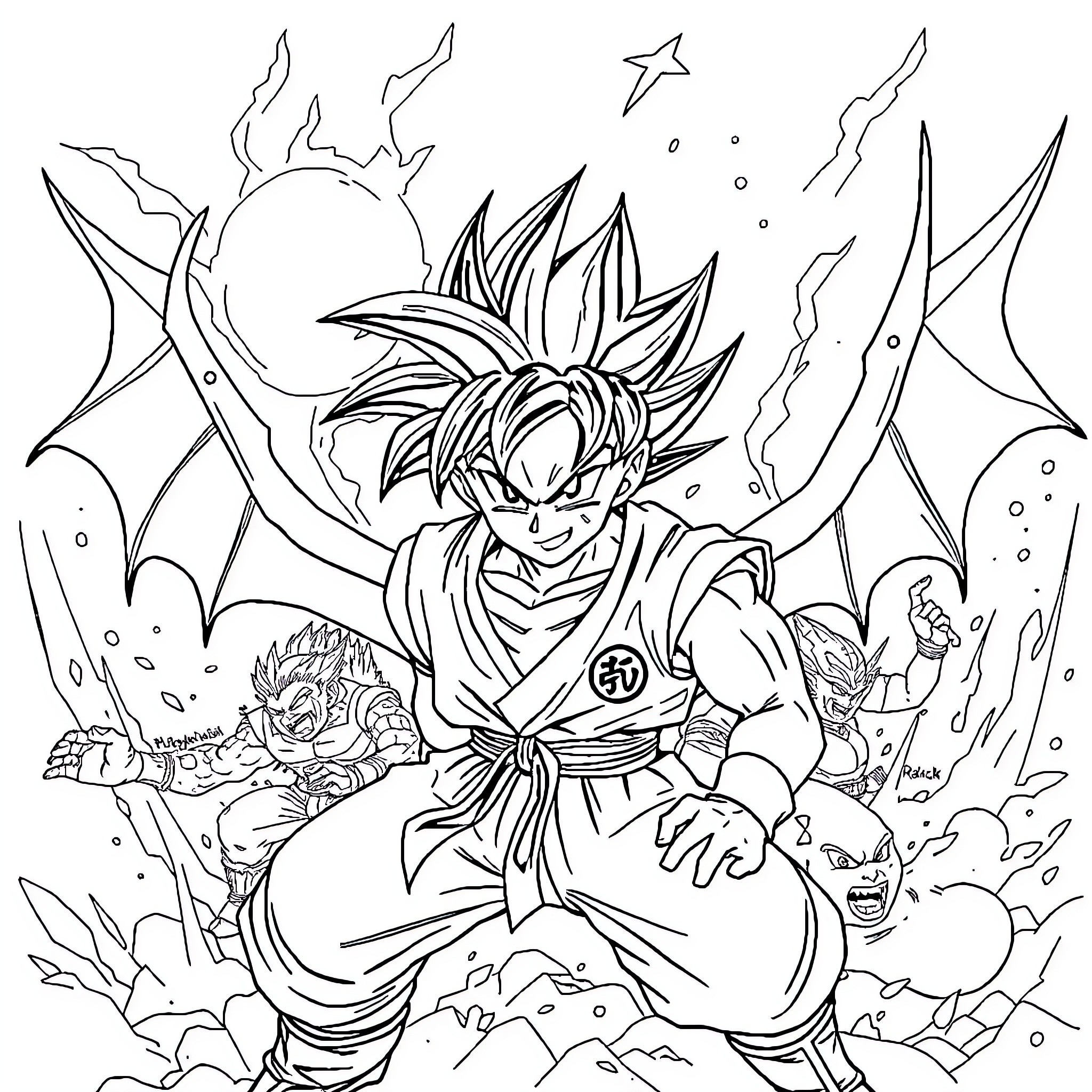 Dragon Ball: Goku's Heroic Stance in Intense Battle Coloring Page (free black-and-white line drawing printable PDF for all, from beginners to advanced learners, including children, teens, adults, and seniors)