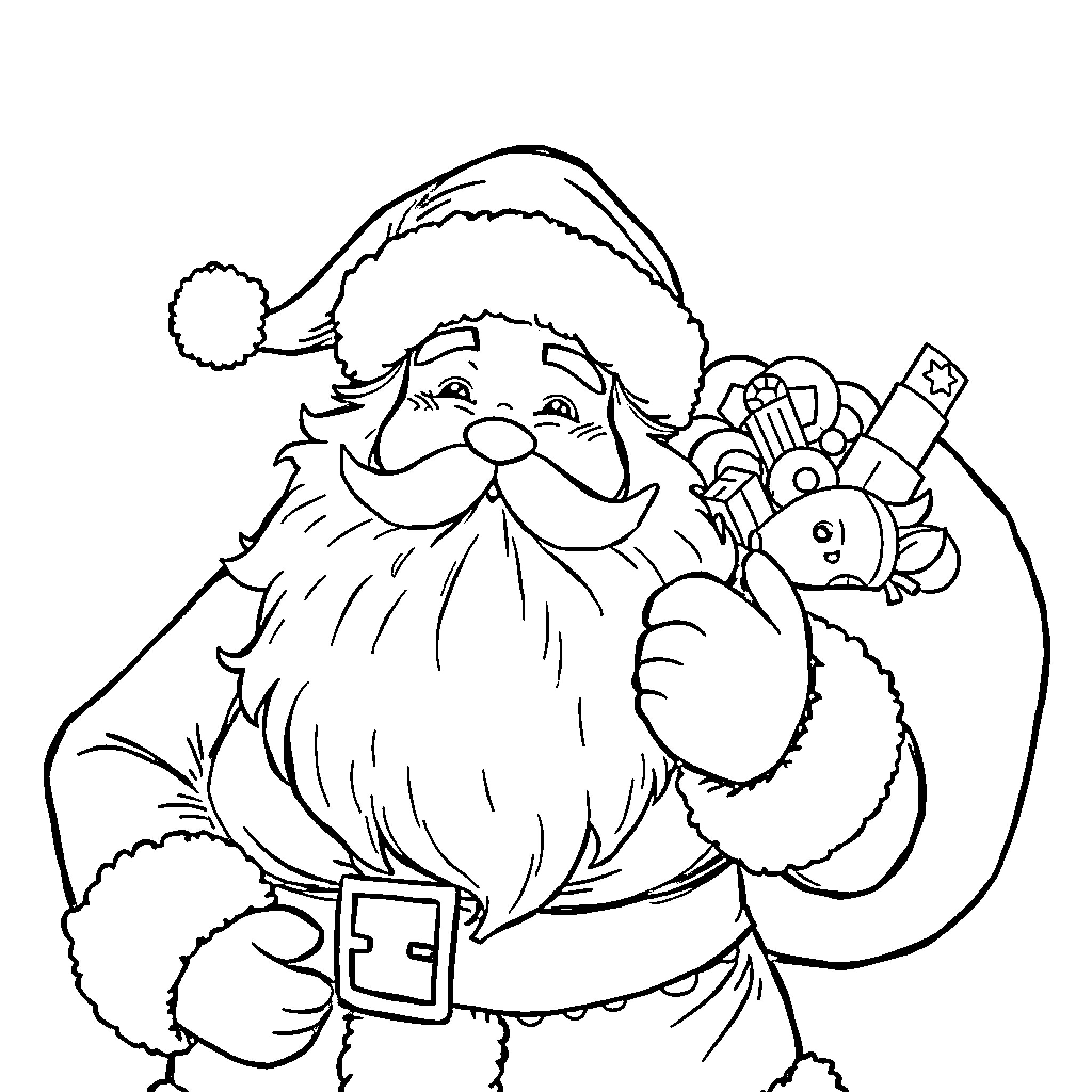 Santa Claus with gifts and toys Coloring Page (free black-and-white line drawing printable PDF for all, from beginners to advanced learners, including children, teens, adults, and seniors)
