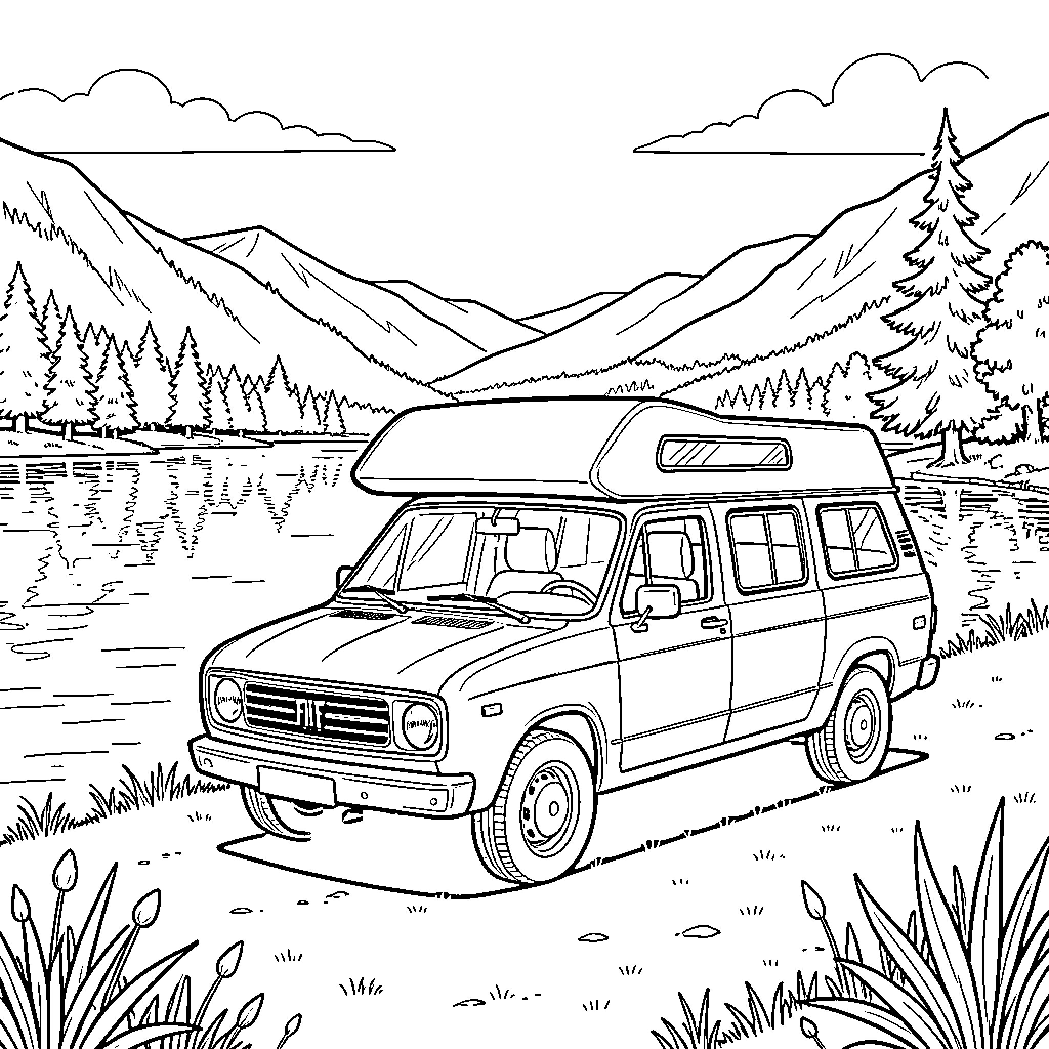 Camping Car parked by a peaceful lake and mountains Coloring Page (free black-and-white line drawing printable PDF for all, from beginners to advanced learners, including children, teens, adults, and seniors)